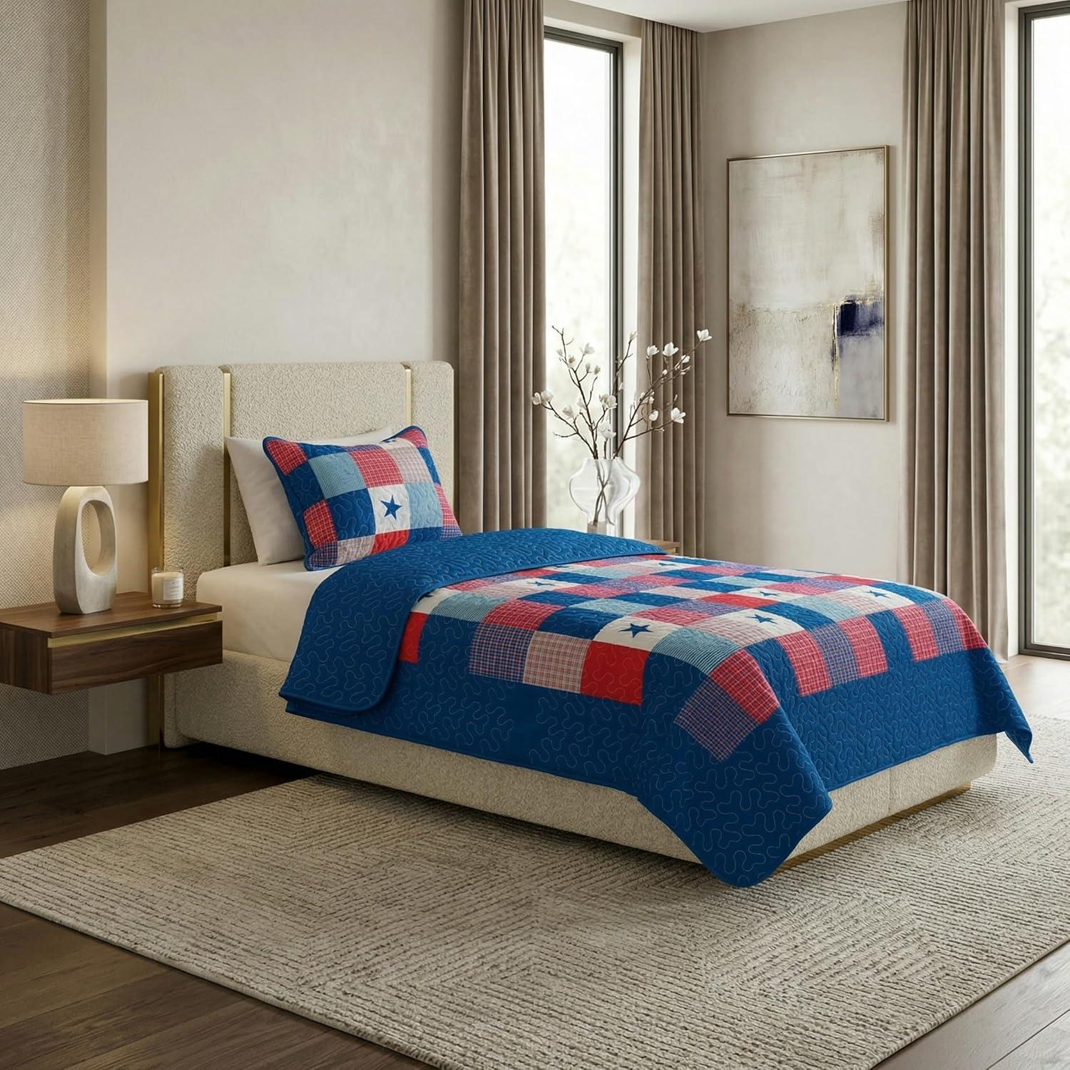 image2Piece Caroline Patriotic Quilt Set Microfiber Americana Stars and Plaid Patchwork Blanket Bed Set with Sham Home Bedding by Bedford Home TwinTwin