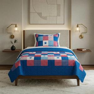 2-Piece Caroline Patriotic Quilt Set – Microfiber Americana Stars and Plaid Patchwork Blanket Bed Set with Sham – Home Bedding by Bedford Home (Twin)(Twin)