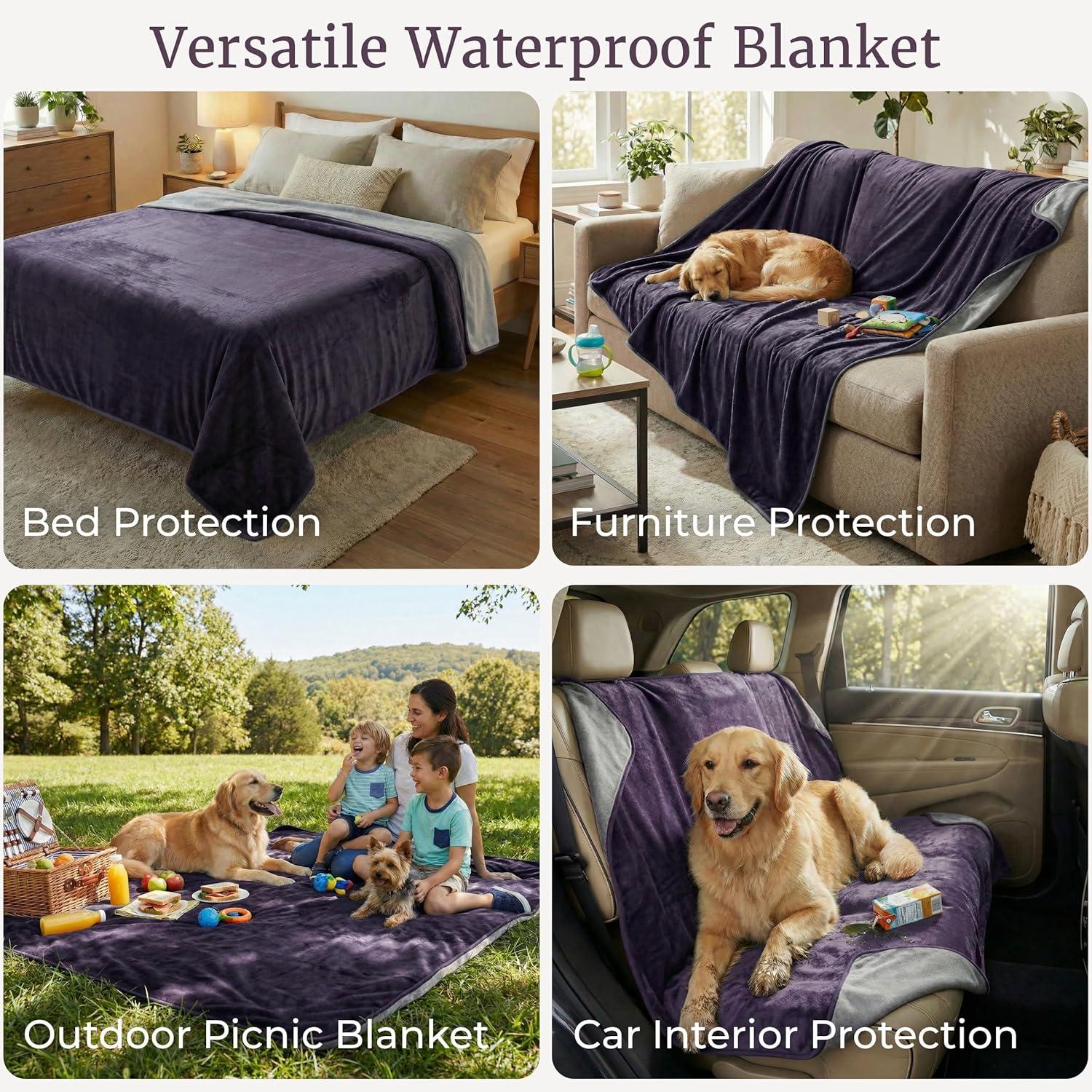 imageWaterproof Blanket for Bed Couch or Car 60 x 80 Reversible Queen Size Throw Blanket for Reliable Leakproof Furniture Protection Washable Pet Throws by Lavish Home Snow Leopard PrintPurple
