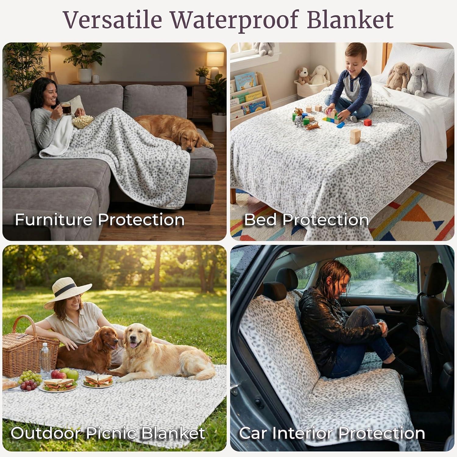 imageWaterproof Blanket for Bed Couch or Car 60 x 80 Reversible Queen Size Throw Blanket for Reliable Leakproof Furniture Protection Washable Pet Throws by Lavish Home Snow Leopard PrintWhiteGrey