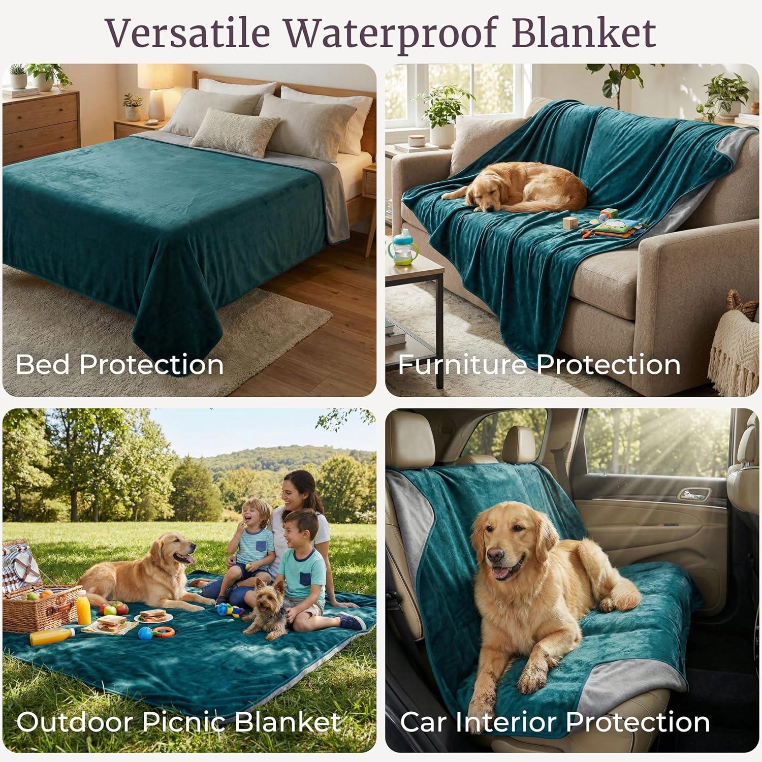 imageWaterproof Blanket for Bed Couch or Car 60 x 80 Reversible Queen Size Throw Blanket for Reliable Leakproof Furniture Protection Washable Pet Throws by Lavish Home Snow Leopard PrintGreen