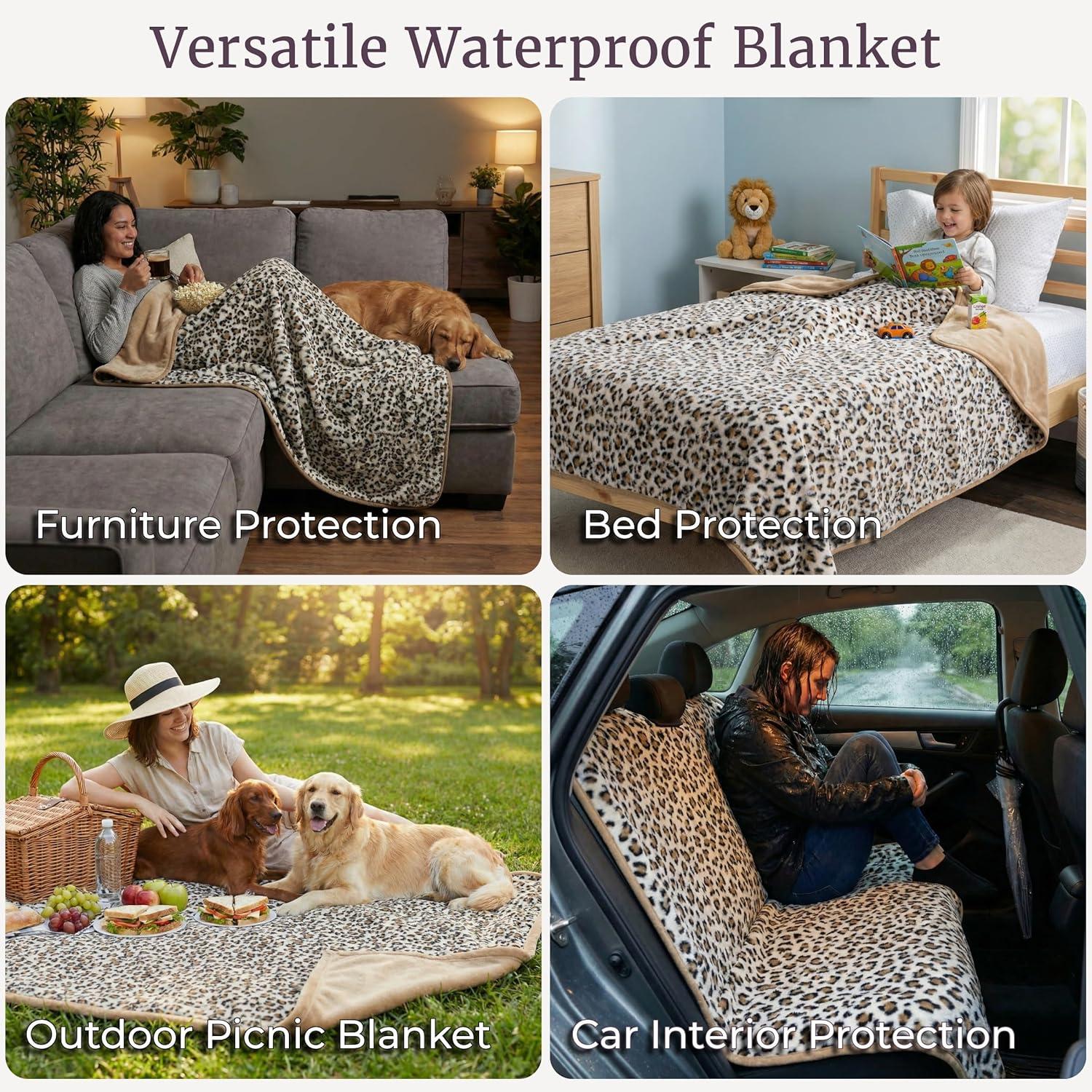 imageWaterproof Blanket for Bed Couch or Car 60 x 80 Reversible Queen Size Throw Blanket for Reliable Leakproof Furniture Protection Washable Pet Throws by Lavish Home Snow Leopard PrintBrownBlack