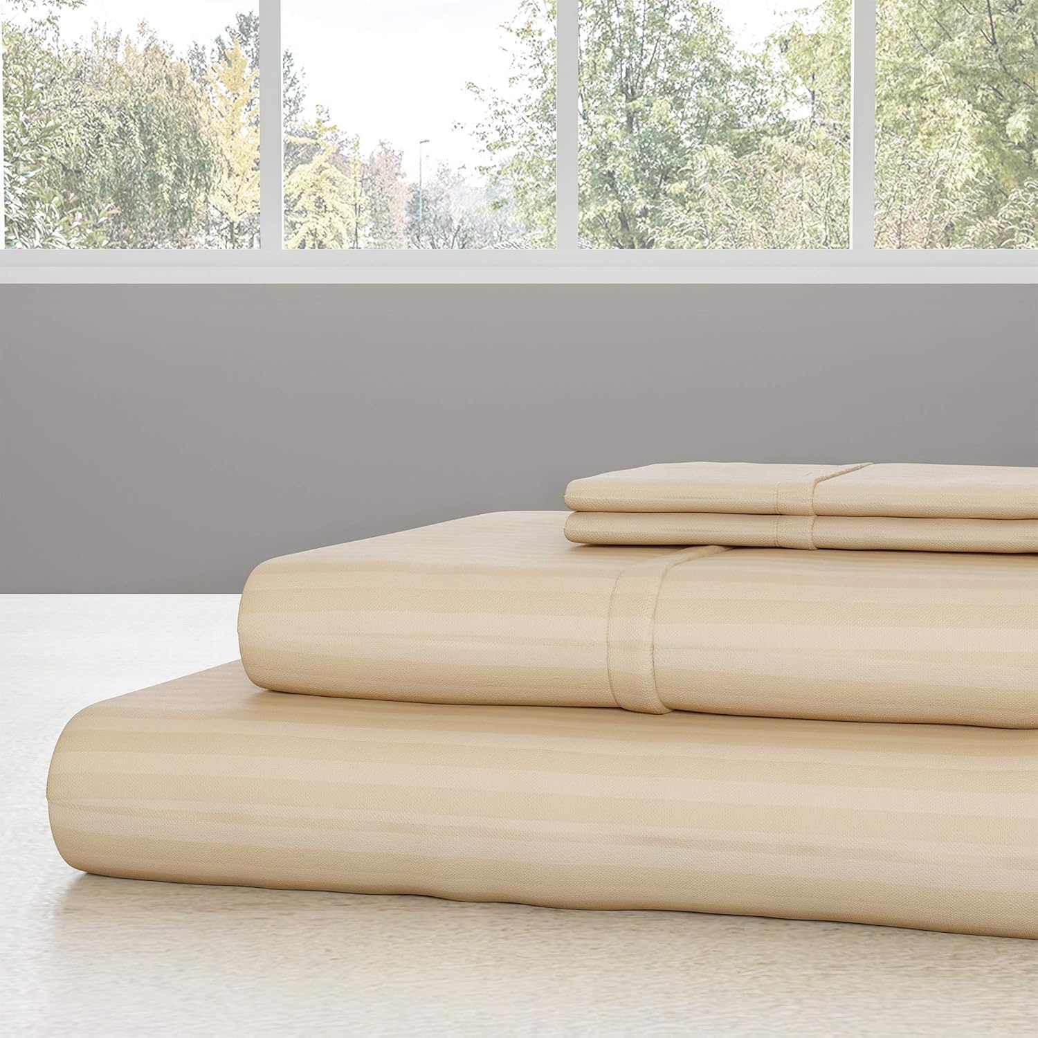 imageLavish Home Embossed Stripe Brushed Microfiber Sheet Set 4 Piece Hypoallergenic Bed Linens with Deep Pocket Fitted Sheet amp 2 Pillowcases Queen Ivory 66SS005Ivory