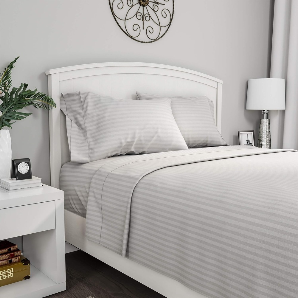imageLavish Home Embossed Stripe Brushed Microfiber Sheet Set 4 Piece Hypoallergenic Bed Linens with Deep Pocket Fitted Sheet amp 2 Pillowcases Queen Ivory 66SS005Gray