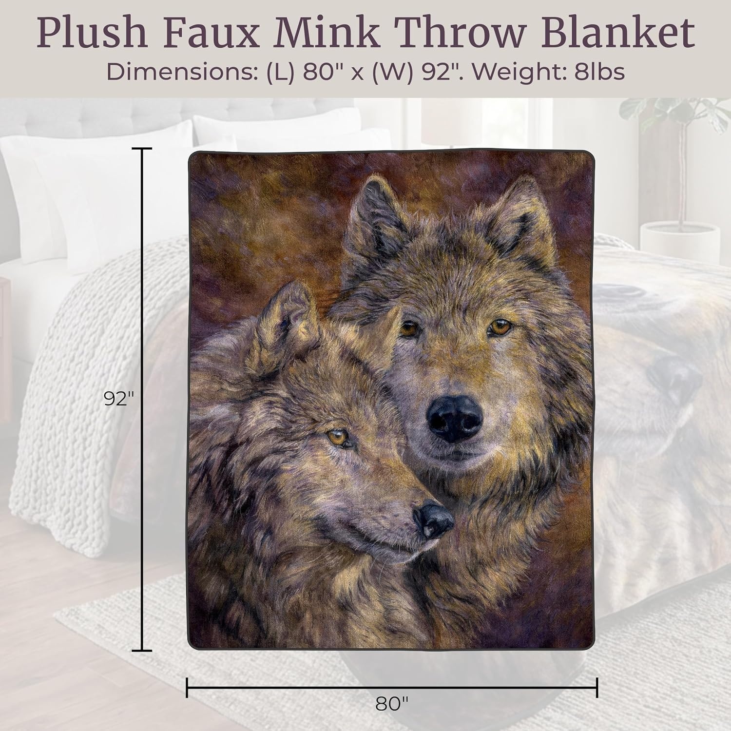 image:imageLavish Home Wolf Blanket 80x92inch Printed Pair of Wolves Blanket Plush Thick 8lb Faux Mink Queen Throw for Couch Sofa or Bed