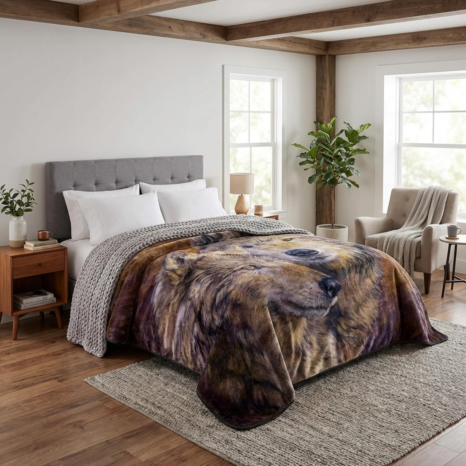 image:imageLavish Home Wolf Blanket 80x92inch Printed Pair of Wolves Blanket Plush Thick 8lb Faux Mink Queen Throw for Couch Sofa or Bed