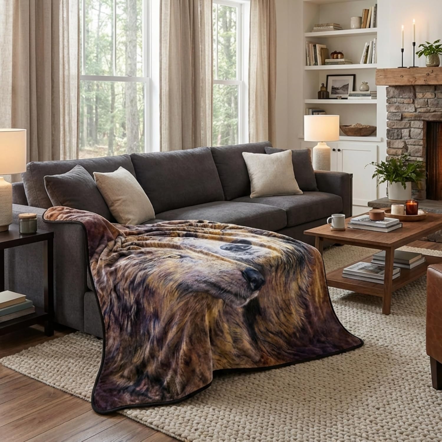 image:imageLavish Home Wolf Blanket 80x92inch Printed Pair of Wolves Blanket Plush Thick 8lb Faux Mink Queen Throw for Couch Sofa or Bed