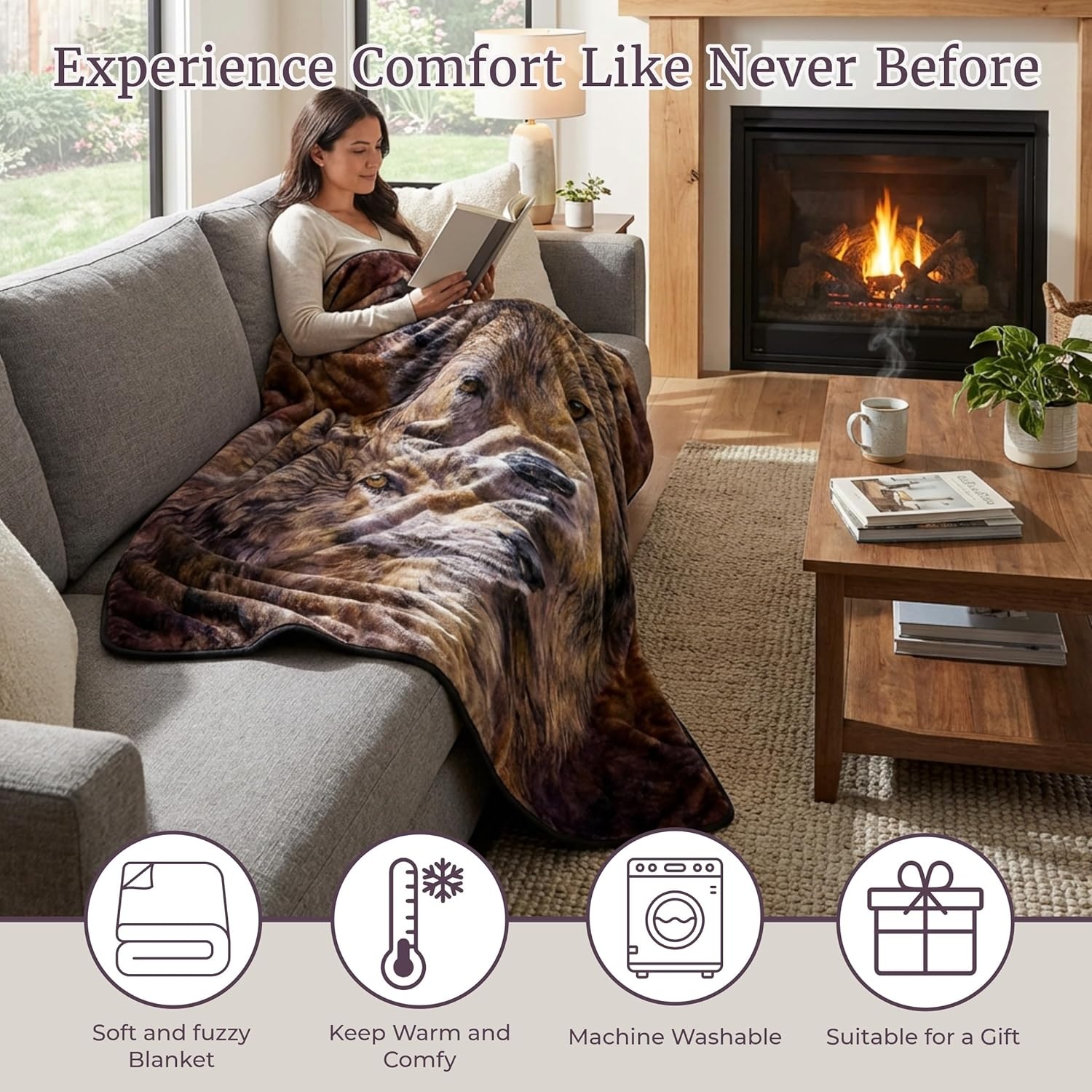 image:imageLavish Home Wolf Blanket 80x92inch Printed Pair of Wolves Blanket Plush Thick 8lb Faux Mink Queen Throw for Couch Sofa or Bed