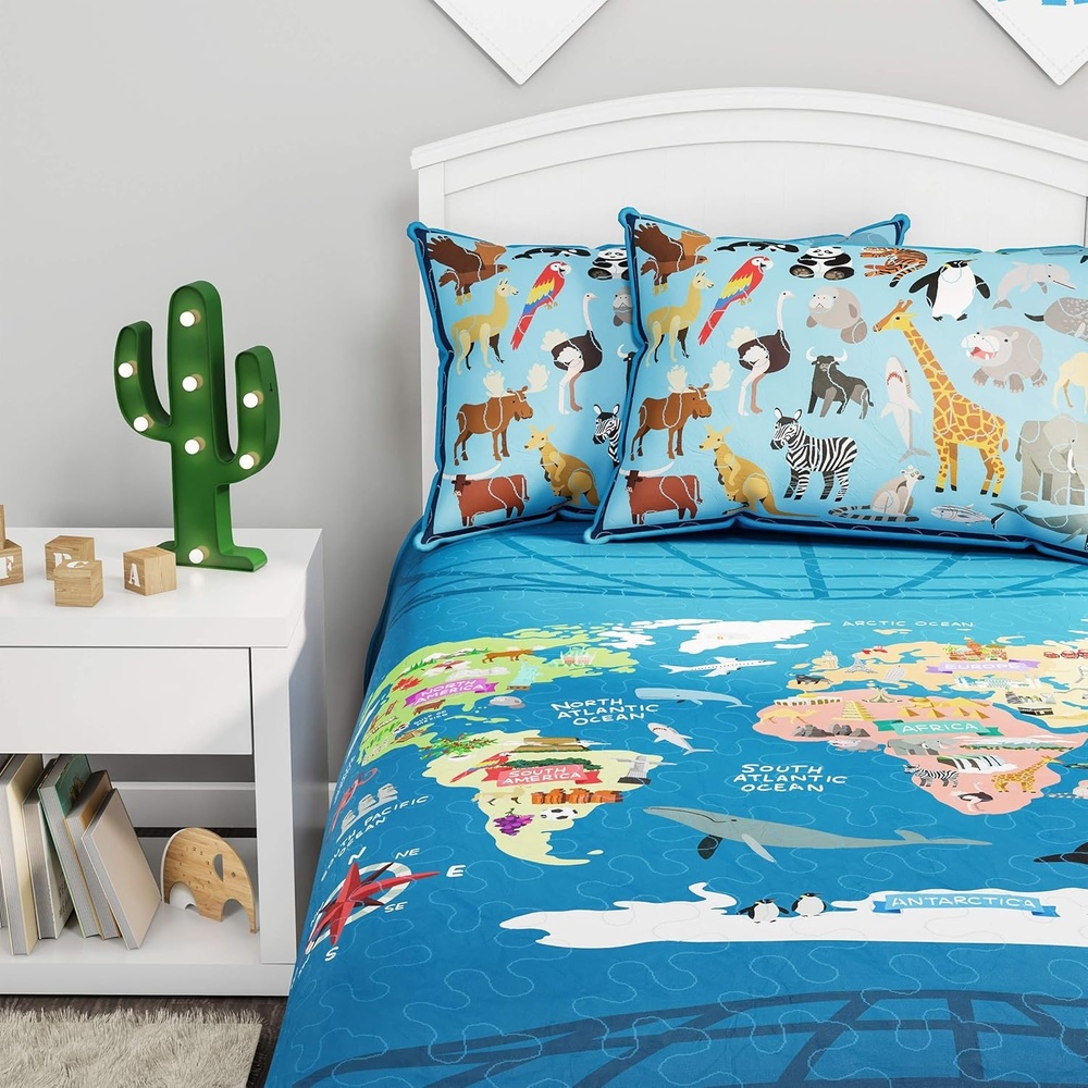 image:imageWorld Map 3 Piece Quilt SetTwin XL Bedding amp 2 Pillow ShamsHypoallergenic MicrofiberAnimals amp Landmarks of The Continents amp Oceans Bedspread by LHC