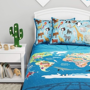 World Map 3 Piece Quilt Set-Twin XL Bedding & 2 Pillow Shams-Hypoallergenic Microfiber-Animals & Landmarks of The Continents & Oceans Bedspread by LHC