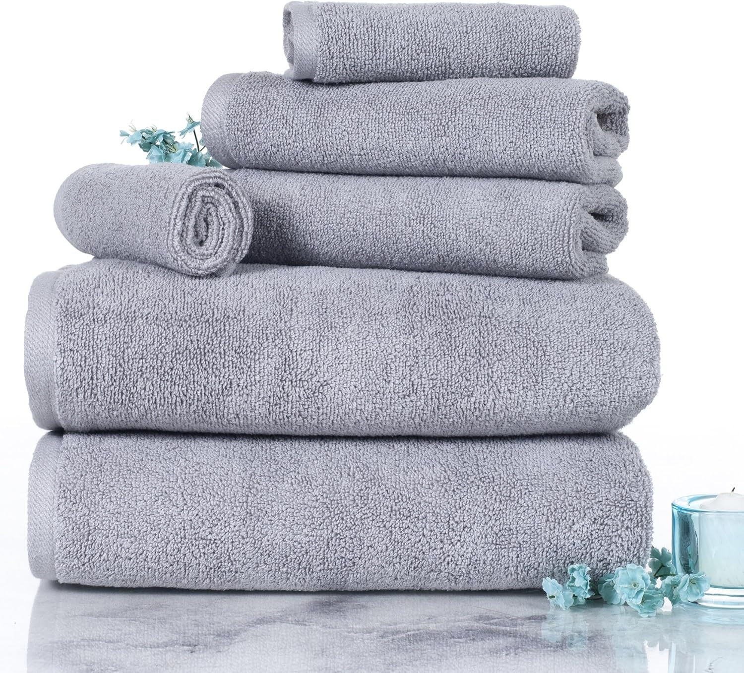 image:image100 Percent Cotton Towel Set Zero Twist Soft and Absorbent 6 Piece Set With 2 Bath Towels 2 Hand Cloths and 2 Washcloths Silver By Lavish Home