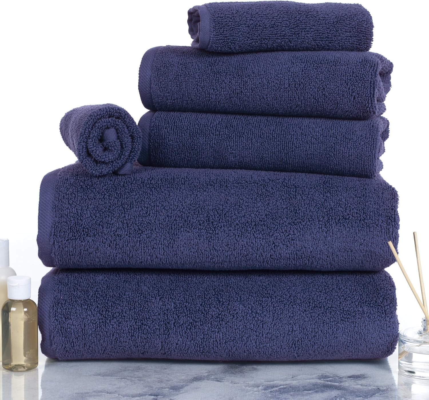 image:image6PC Towel Set Cotton Bathroom Accessories with 2 Bath Towels 2 Hand Cloths and 2 Washcloths Machine Washable Bath Sheets by Lavish Home TaupeNavy