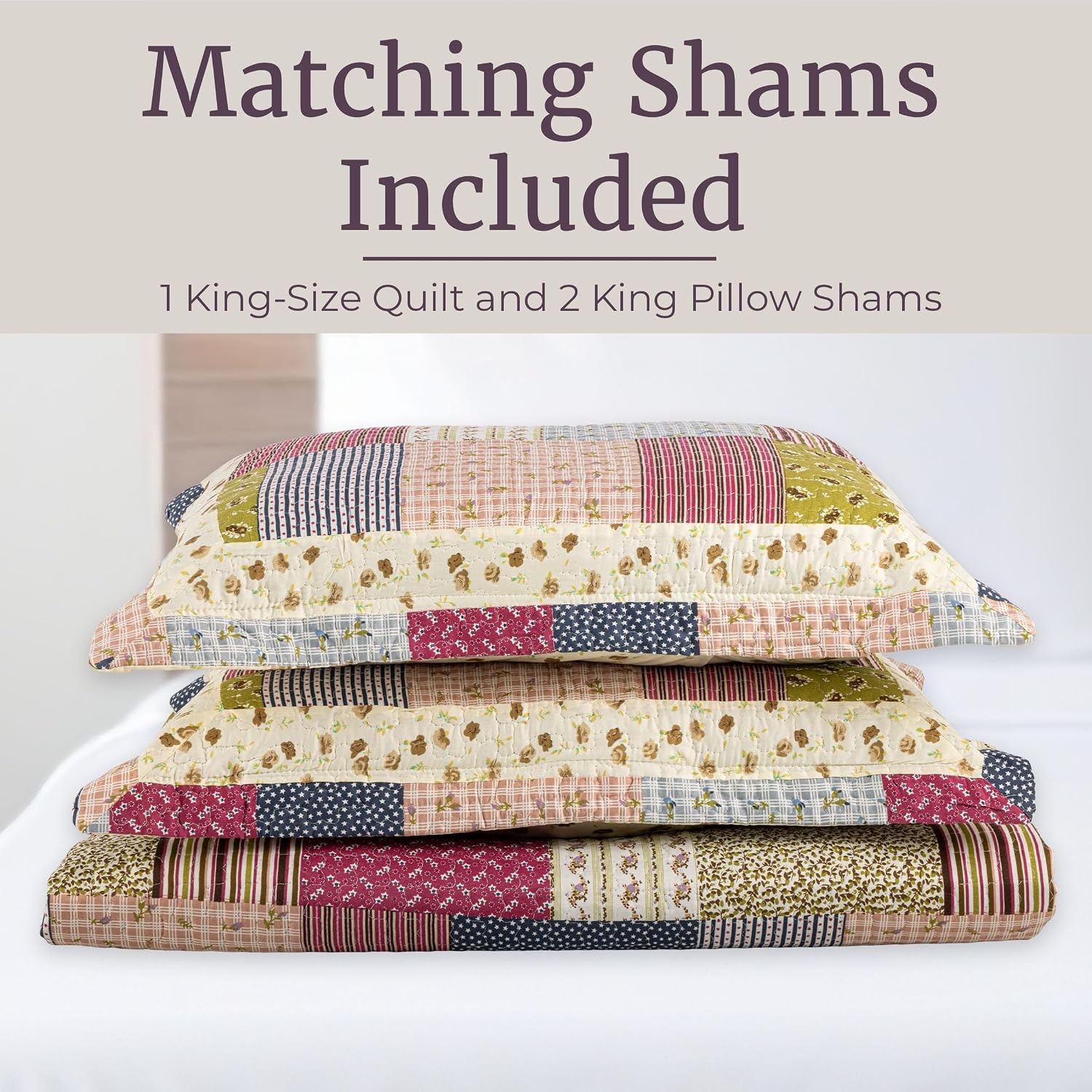 image:image3Piece Quilt Set Savannah Classic Patchwork King Quilt with 2 King Pillow Shams Machine Washable Lightweight Bedding by Lavish Home Multicolor