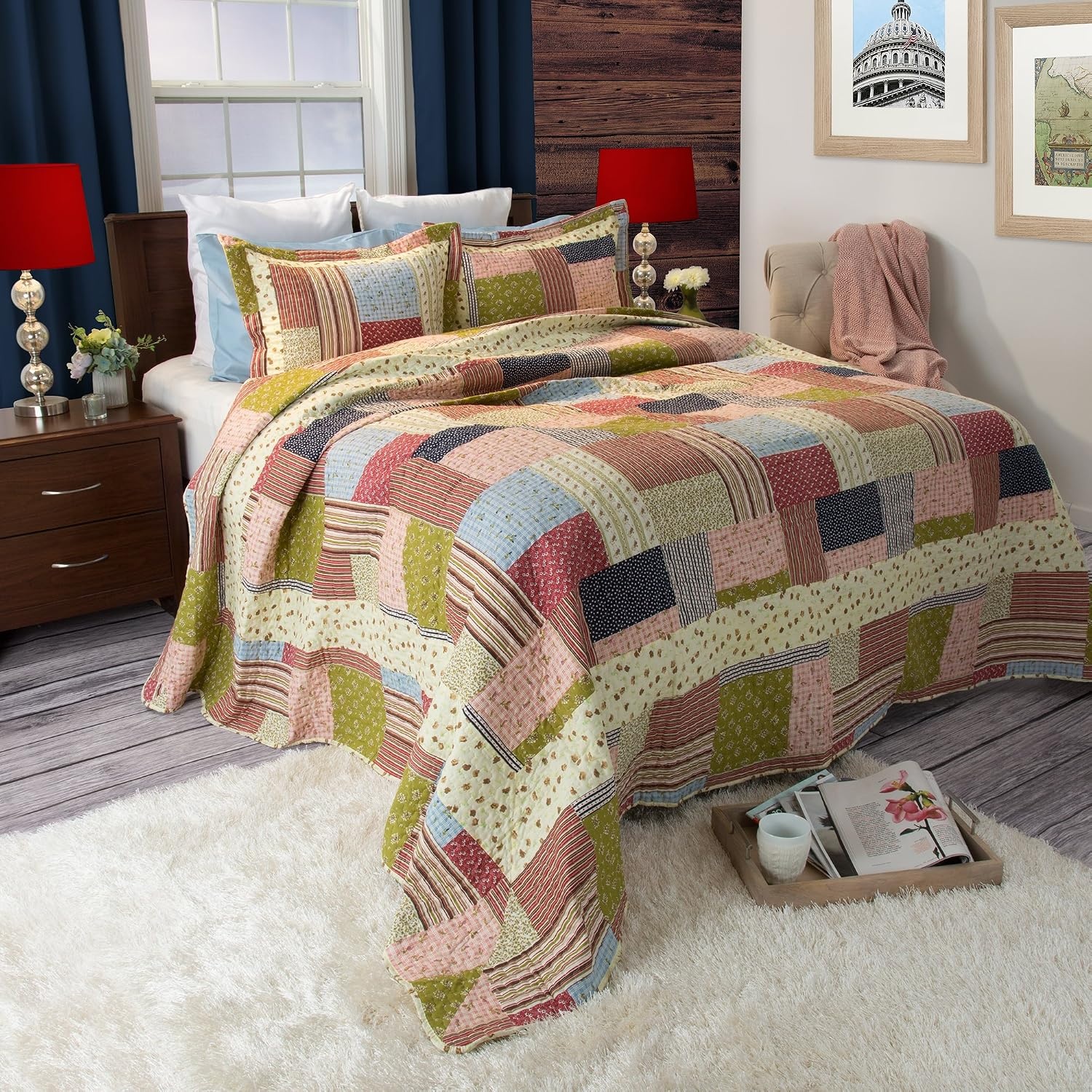 image:image3Piece Quilt Set Savannah Classic Patchwork King Quilt with 2 King Pillow Shams Machine Washable Lightweight Bedding by Lavish Home Multicolor
