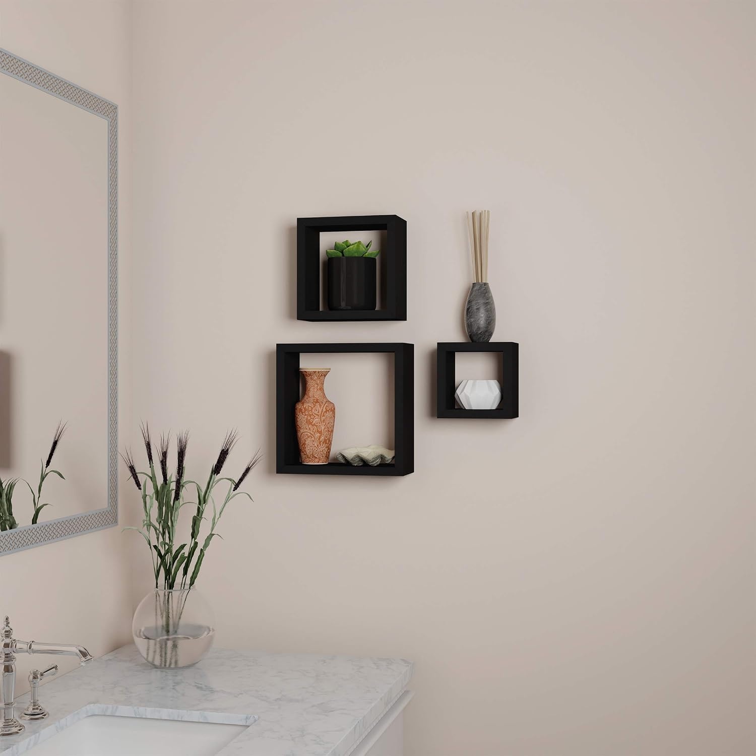 image:imageFloating Shelves Cube Wall Shelf Set with Hidden Brackets 3 Sizes to Display Dcor Books Photos More Hardware Included by Lavish Home Black