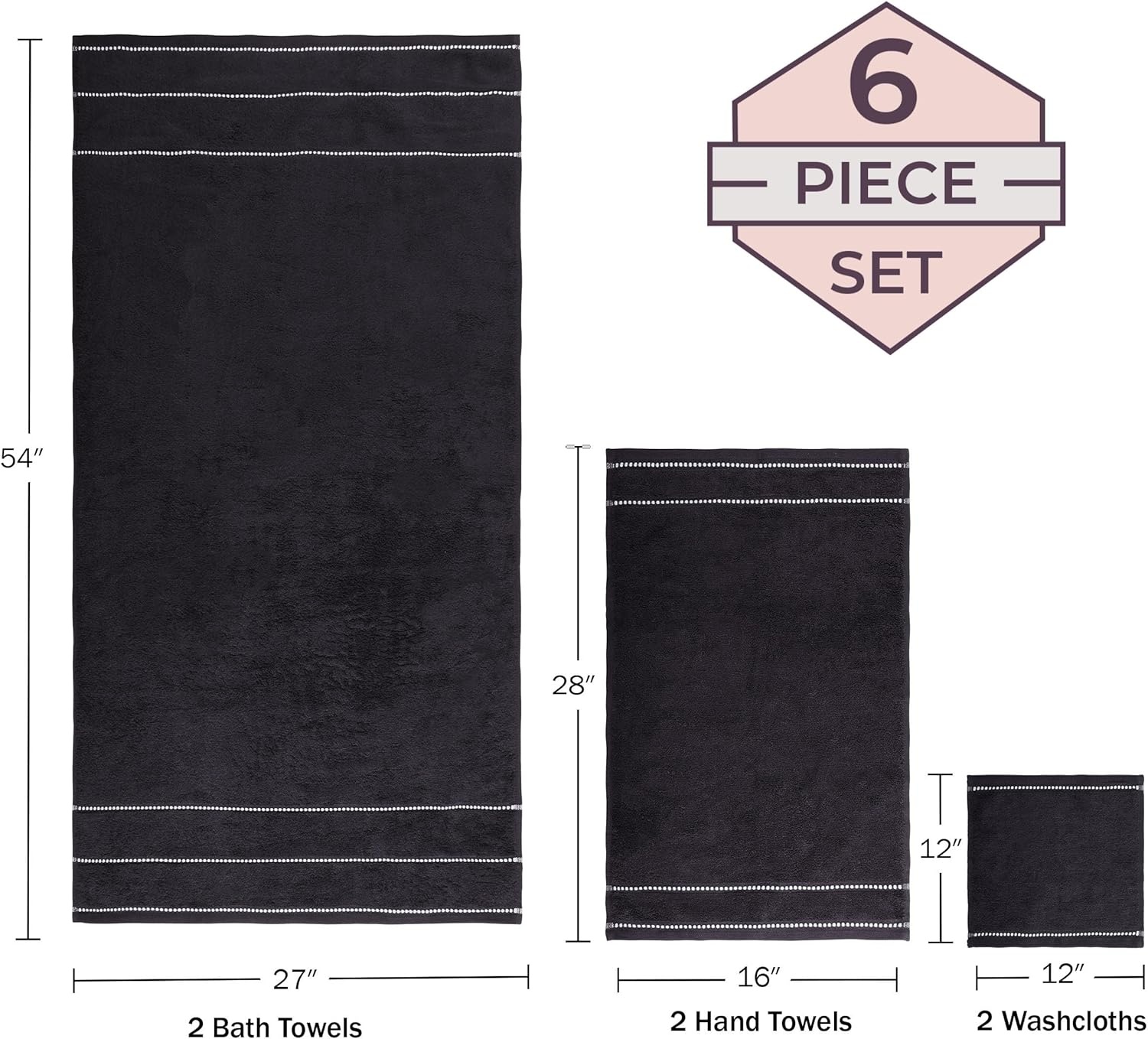 image:imageLavish Home 6 Piece Bathroom Towels Set 525GSM 100 Cotton Bathroom Essentials 2 Bath Sheets 2 Hand Towels and 2 Wash Cloths for Bath Shower Gym Spa and Dorm Room WhiteBlack and White