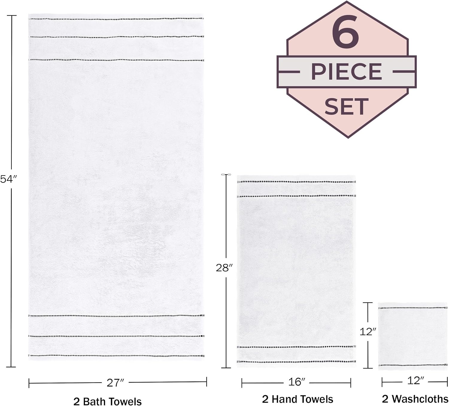 image:imageLavish Home 6 Piece Bathroom Towels Set 525GSM 100 Cotton Bathroom Essentials 2 Bath Sheets 2 Hand Towels and 2 Wash Cloths for Bath Shower Gym Spa and Dorm Room WhiteWhite and Black
