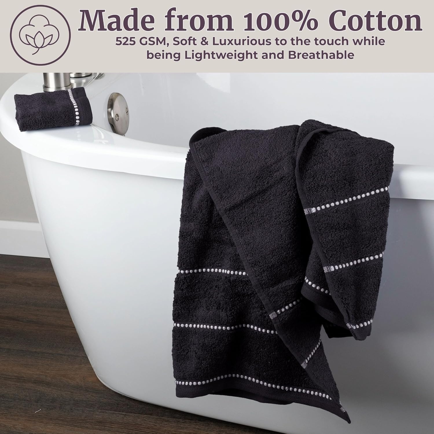 image:imageLavish Home 6 Piece Bathroom Towels Set 525GSM 100 Cotton Bathroom Essentials 2 Bath Sheets 2 Hand Towels and 2 Wash Cloths for Bath Shower Gym Spa and Dorm Room WhiteBlack and White
