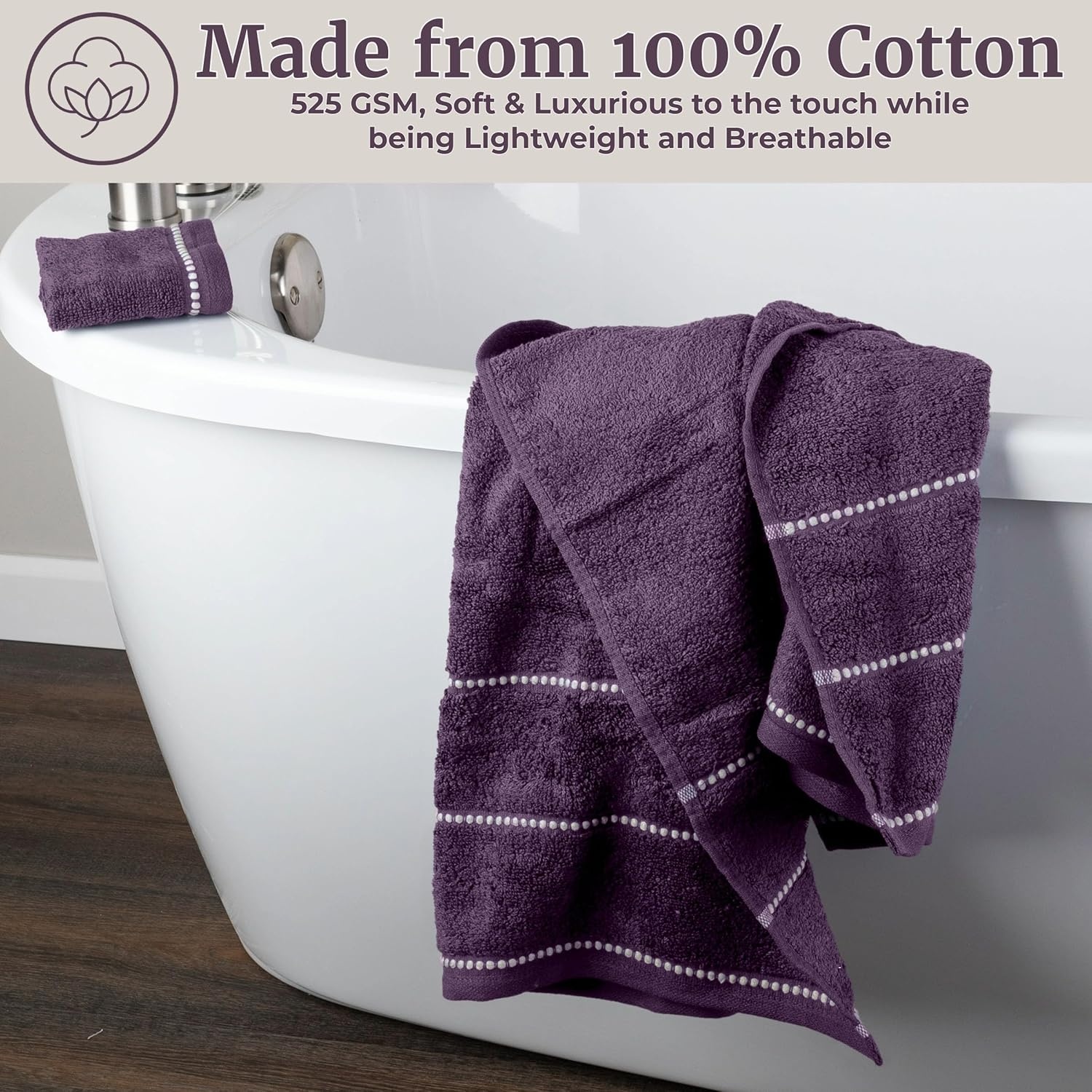 image:imageLavish Home 6 Piece Bathroom Towels Set 525GSM 100 Cotton Bathroom Essentials 2 Bath Sheets 2 Hand Towels and 2 Wash Cloths for Bath Shower Gym Spa and Dorm Room WhiteEggplantWhite