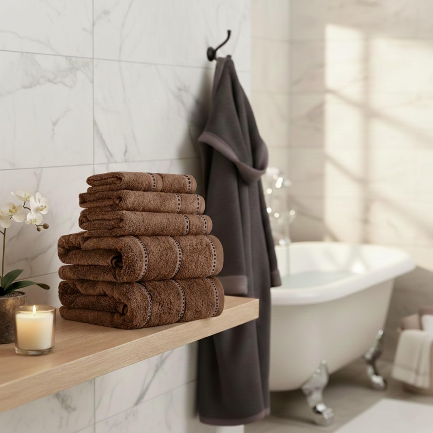 image:imageLavish Home 6 Piece Bathroom Towels Set 525GSM 100 Cotton Bathroom Essentials 2 Bath Sheets 2 Hand Towels and 2 Wash Cloths for Bath Shower Gym Spa and Dorm Room WhiteChocolate