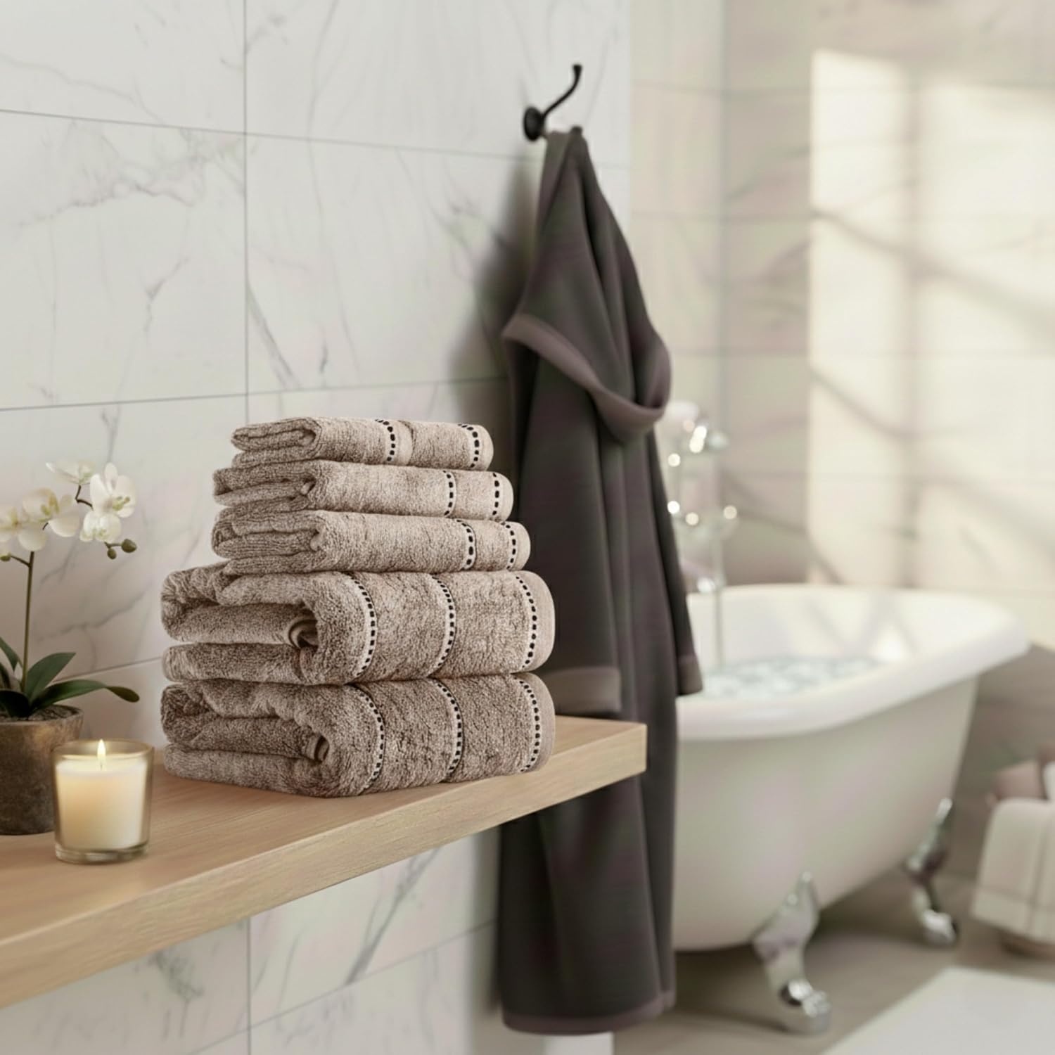 image:imageLavish Home 6 Piece Bathroom Towels Set 525GSM 100 Cotton Bathroom Essentials 2 Bath Sheets 2 Hand Towels and 2 Wash Cloths for Bath Shower Gym Spa and Dorm Room WhiteTaupe and Black
