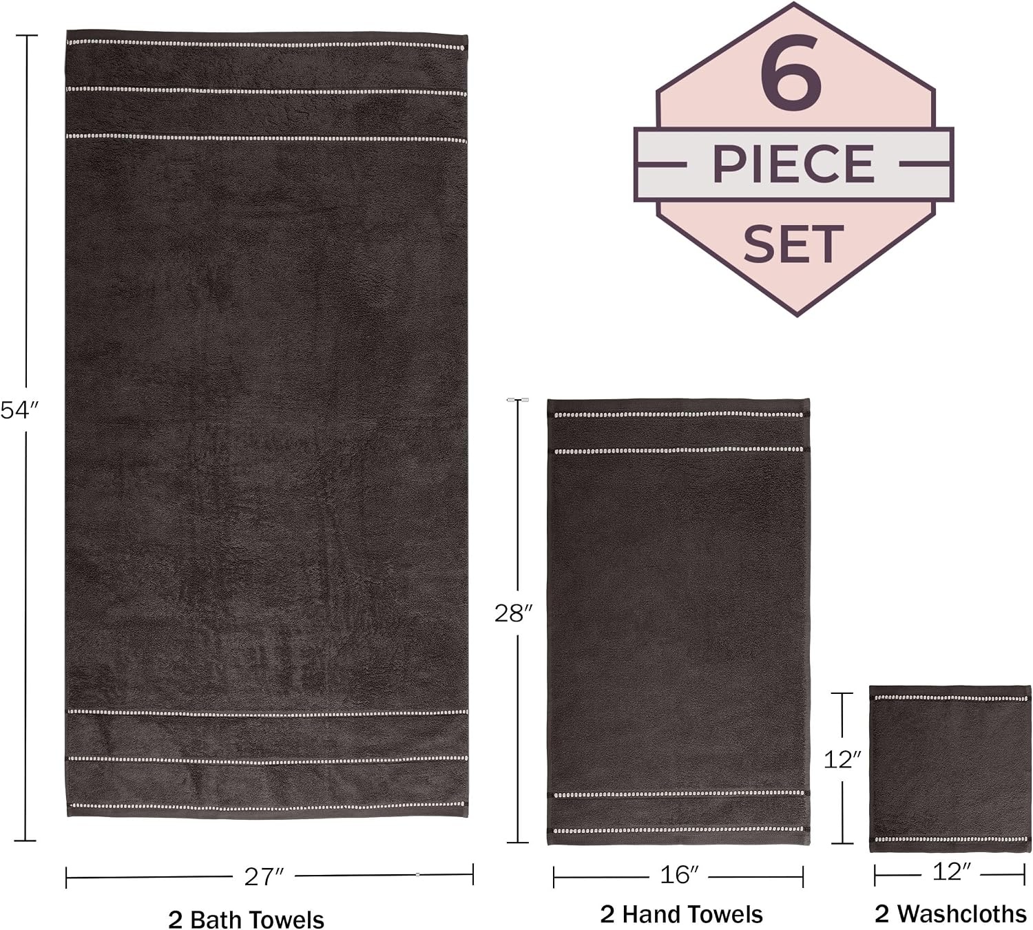 image:imageLavish Home 6 Piece Bathroom Towels Set 525GSM 100 Cotton Bathroom Essentials 2 Bath Sheets 2 Hand Towels and 2 Wash Cloths for Bath Shower Gym Spa and Dorm Room WhiteCharcoal Gray