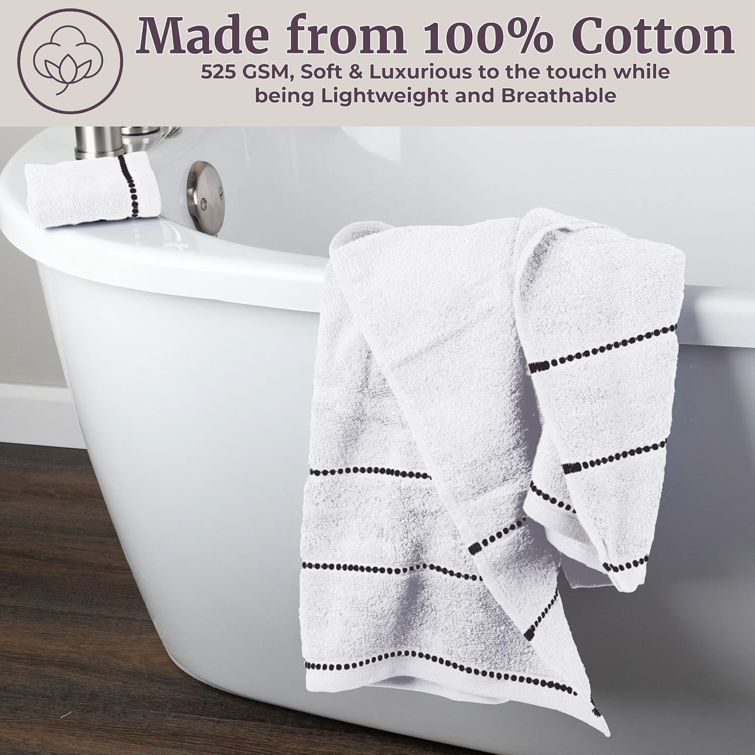 image:imageLavish Home 6 Piece Bathroom Towels Set 525GSM 100 Cotton Bathroom Essentials 2 Bath Sheets 2 Hand Towels and 2 Wash Cloths for Bath Shower Gym Spa and Dorm Room WhiteWhite and Black