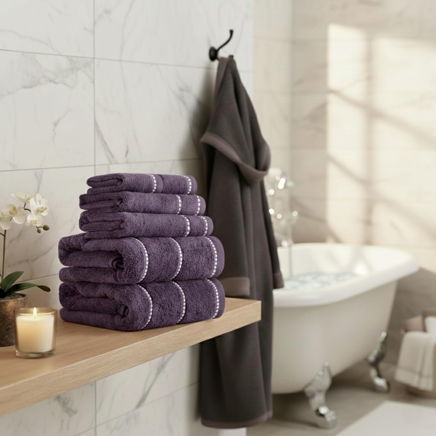 image:imageLavish Home 6 Piece Bathroom Towels Set 525GSM 100 Cotton Bathroom Essentials 2 Bath Sheets 2 Hand Towels and 2 Wash Cloths for Bath Shower Gym Spa and Dorm Room WhiteEggplantWhite