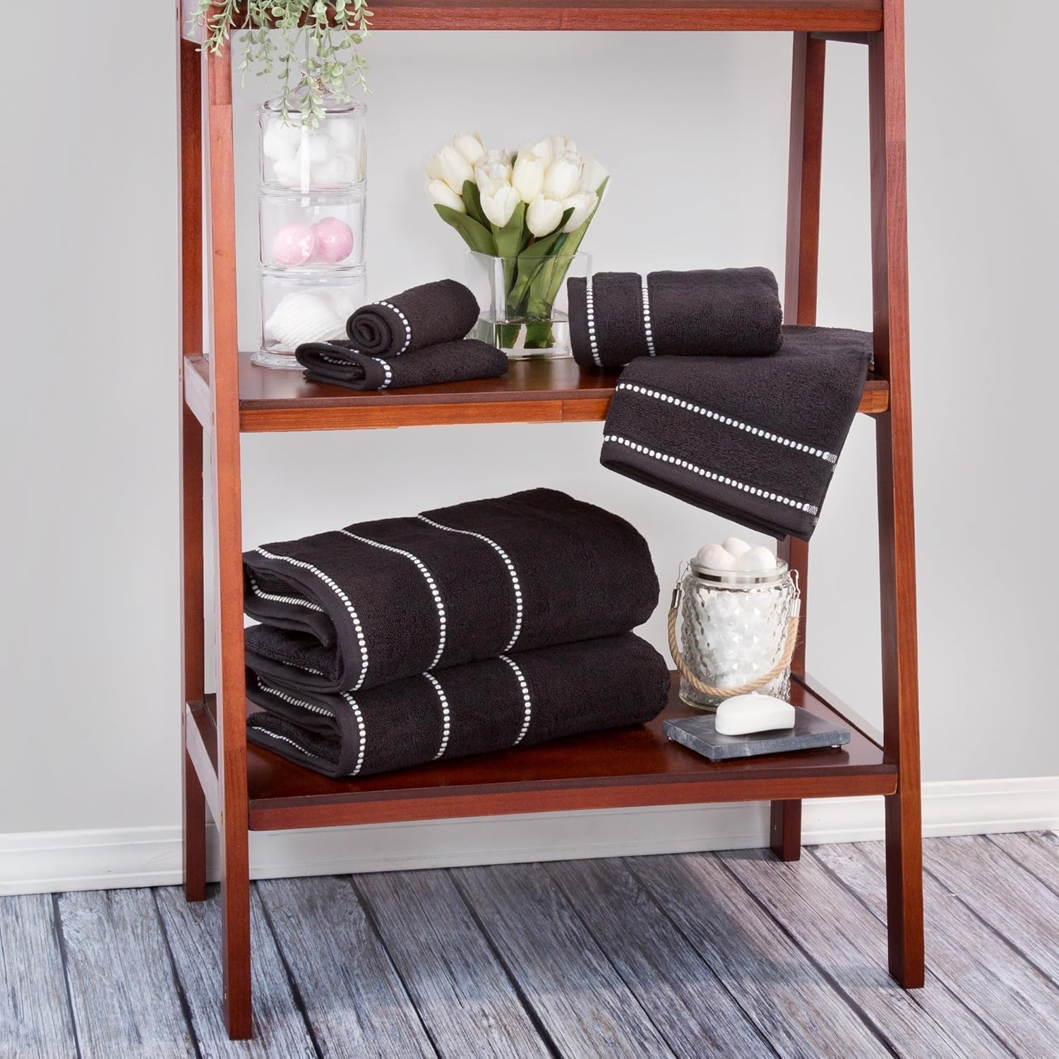 image:imageLavish Home 6 Piece Bathroom Towels Set 525GSM 100 Cotton Bathroom Essentials 2 Bath Sheets 2 Hand Towels and 2 Wash Cloths for Bath Shower Gym Spa and Dorm Room WhiteBlack and White