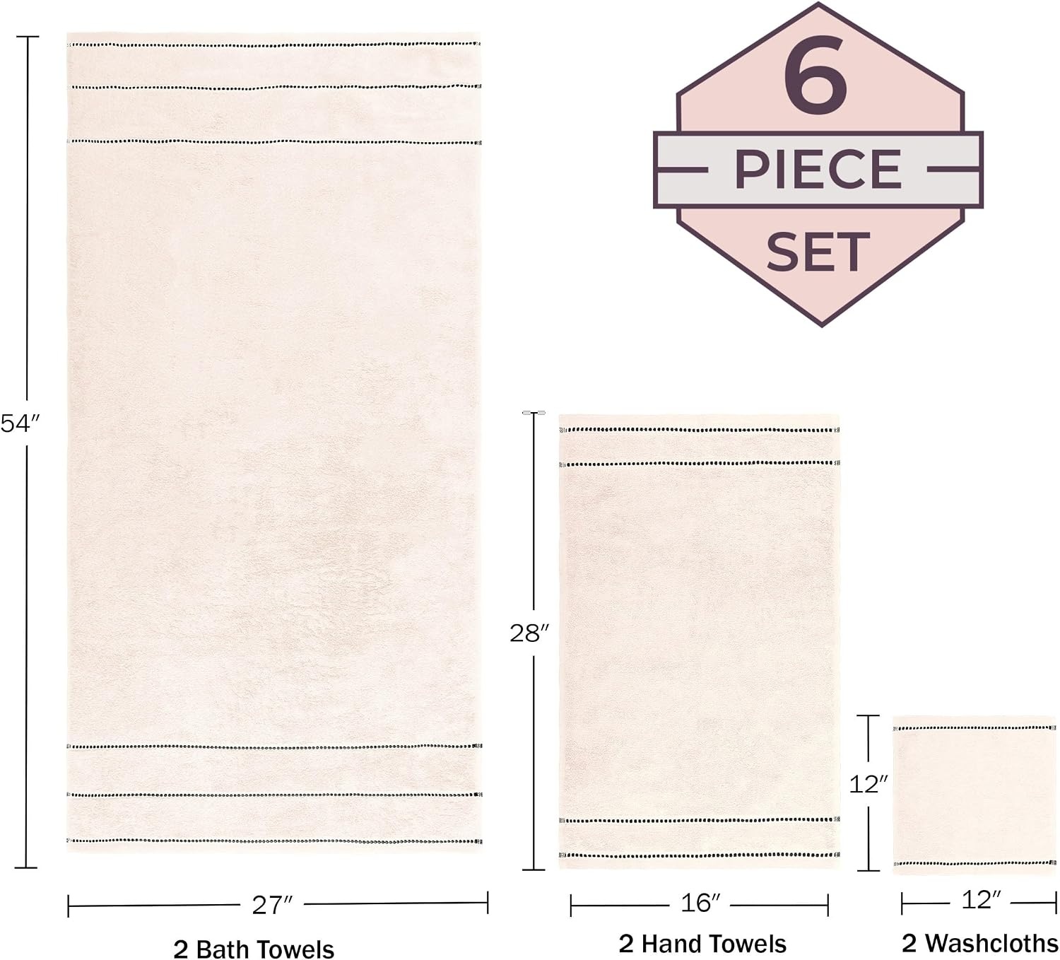 image:imageLavish Home 6 Piece Bathroom Towels Set 525GSM 100 Cotton Bathroom Essentials 2 Bath Sheets 2 Hand Towels and 2 Wash Cloths for Bath Shower Gym Spa and Dorm Room WhiteBeige