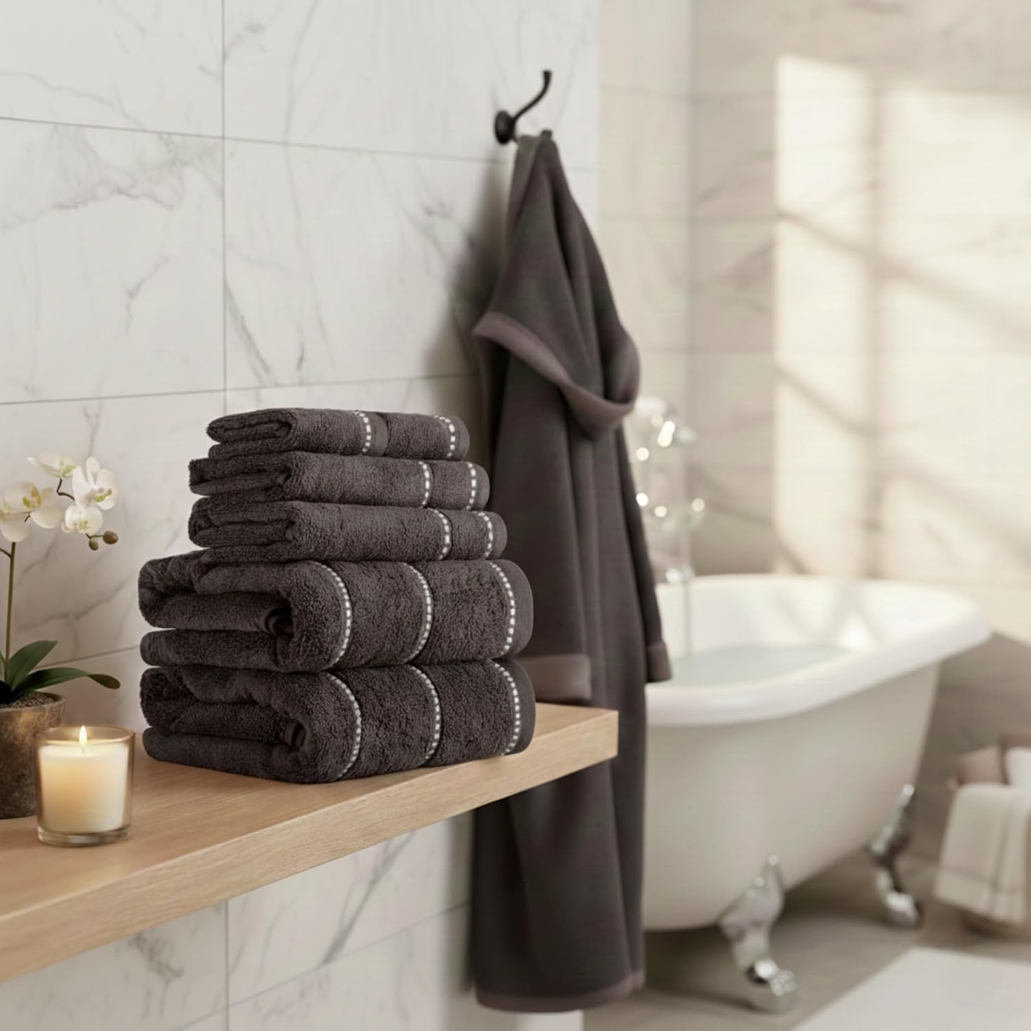 image:imageLavish Home 6 Piece Bathroom Towels Set 525GSM 100 Cotton Bathroom Essentials 2 Bath Sheets 2 Hand Towels and 2 Wash Cloths for Bath Shower Gym Spa and Dorm Room WhiteCharcoal Gray
