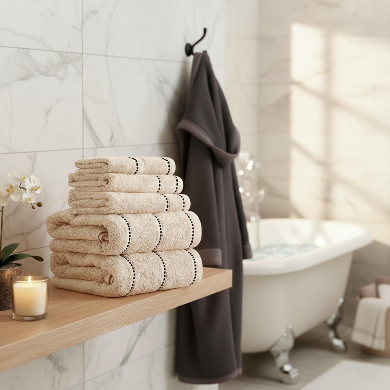 image:imageLavish Home 6 Piece Bathroom Towels Set 525GSM 100 Cotton Bathroom Essentials 2 Bath Sheets 2 Hand Towels and 2 Wash Cloths for Bath Shower Gym Spa and Dorm Room WhiteBeige