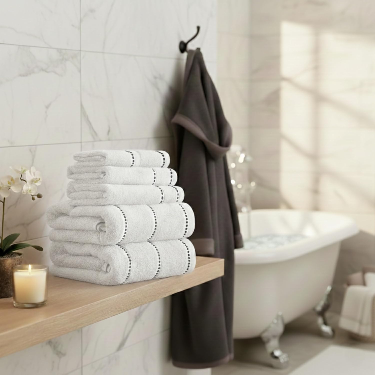 image:imageLavish Home 6 Piece Bathroom Towels Set 525GSM 100 Cotton Bathroom Essentials 2 Bath Sheets 2 Hand Towels and 2 Wash Cloths for Bath Shower Gym Spa and Dorm Room WhiteWhite and Black
