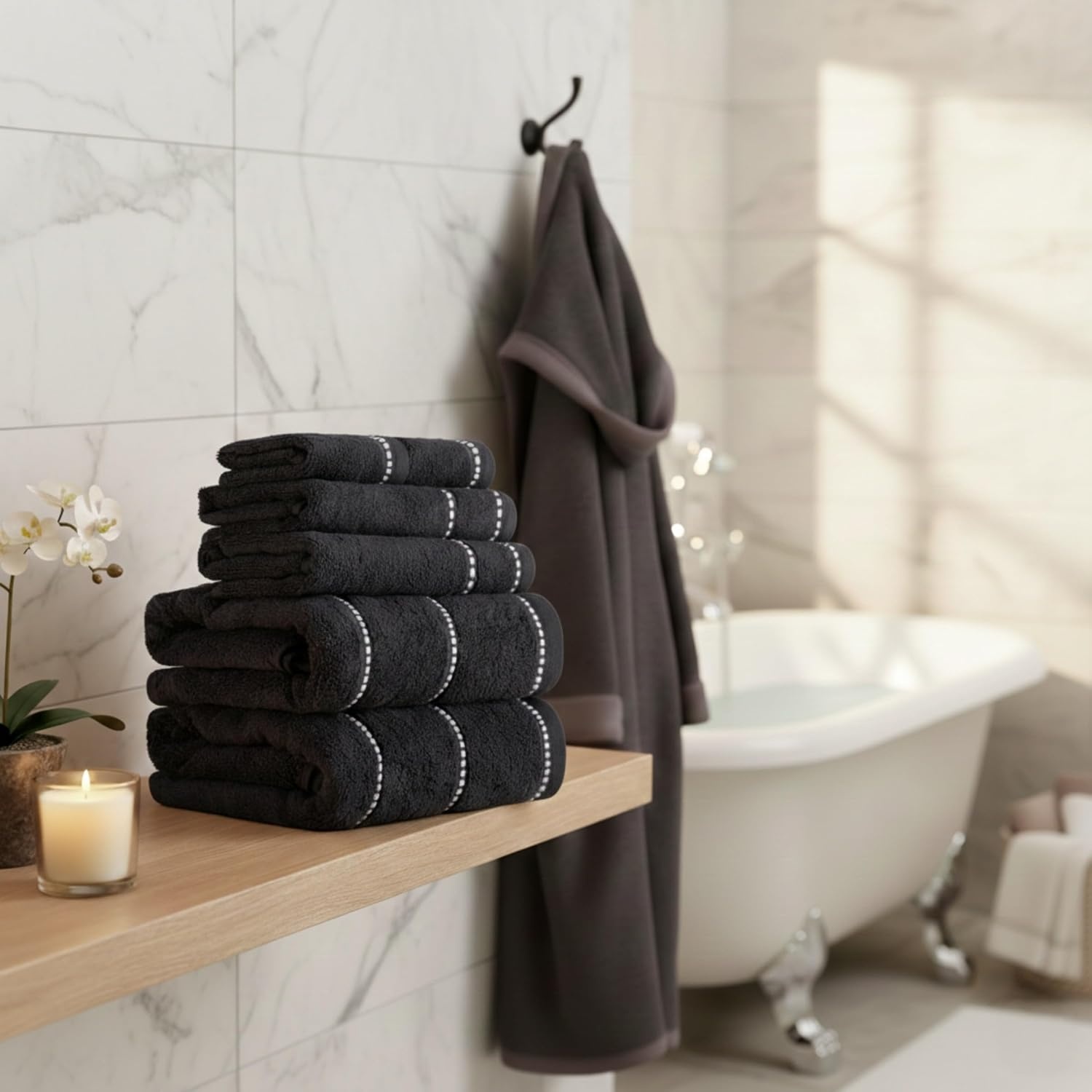 image:imageLavish Home 6 Piece Bathroom Towels Set 525GSM 100 Cotton Bathroom Essentials 2 Bath Sheets 2 Hand Towels and 2 Wash Cloths for Bath Shower Gym Spa and Dorm Room WhiteBlack and White