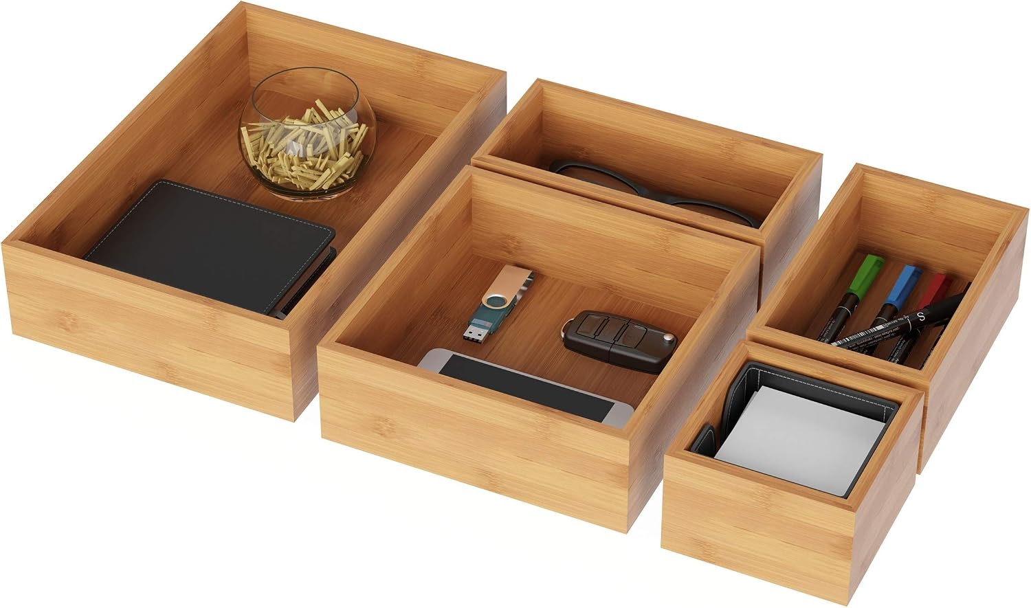 image:imageLavish Home Bamboo Drawer Organizer 5Compartment Modular Box Set Tray Storage for Kitchens Offices Bedrooms and Bathrooms Natural Finish