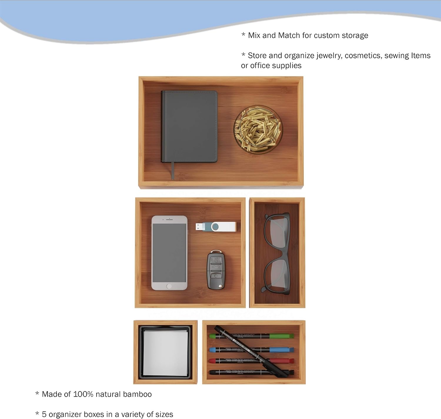 image:imageLavish Home Bamboo Drawer Organizer 5Compartment Modular Box Set Tray Storage for Kitchens Offices Bedrooms and Bathrooms Natural Finish