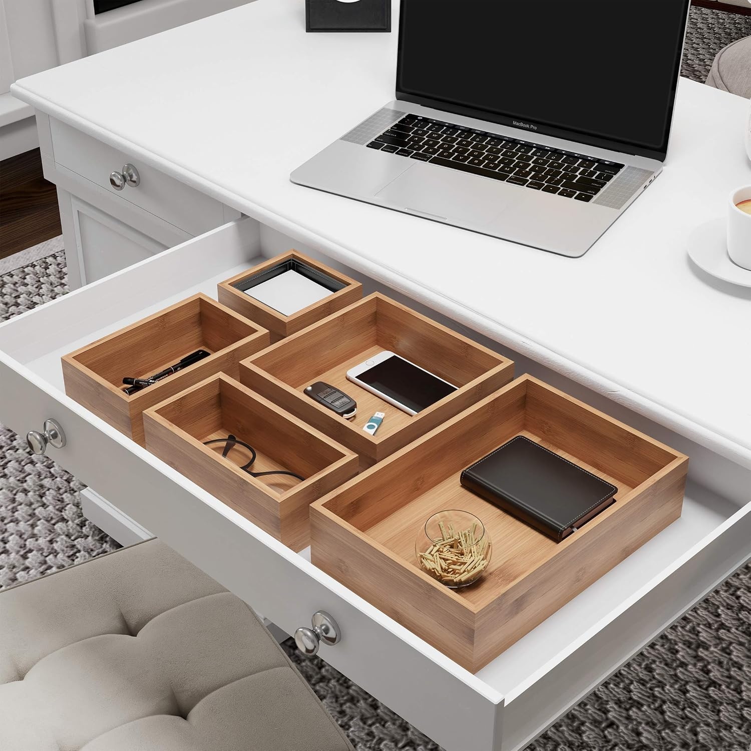 image:imageLavish Home Bamboo Drawer Organizer 5Compartment Modular Box Set Tray Storage for Kitchens Offices Bedrooms and Bathrooms Natural Finish