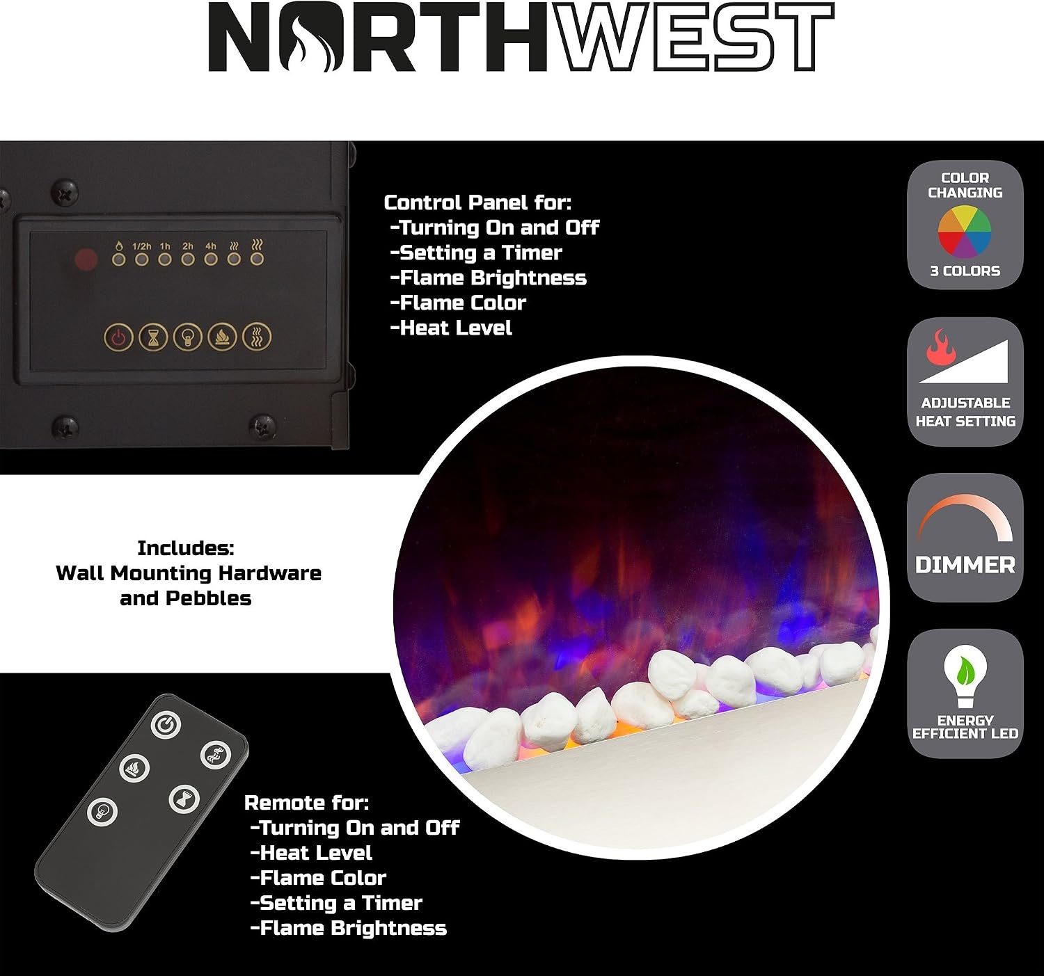 image:imageNorthwest Electric Fireplace 54 Inch Wall Mounted Fireplace Heater with Remote Control Adjustable LED Flame Color Timer and Heat Silver54 Silver Black
