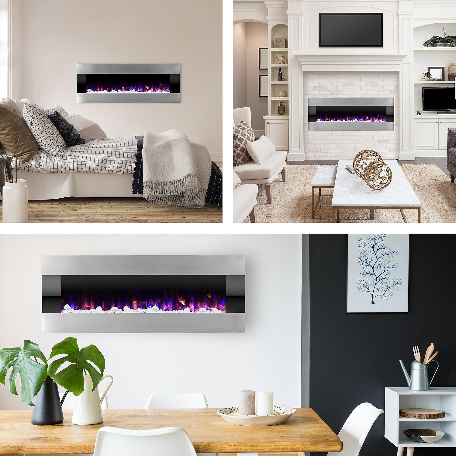 image:imageNorthwest Electric Fireplace 54 Inch Wall Mounted Fireplace Heater with Remote Control Adjustable LED Flame Color Timer and Heat Silver54 Silver Black