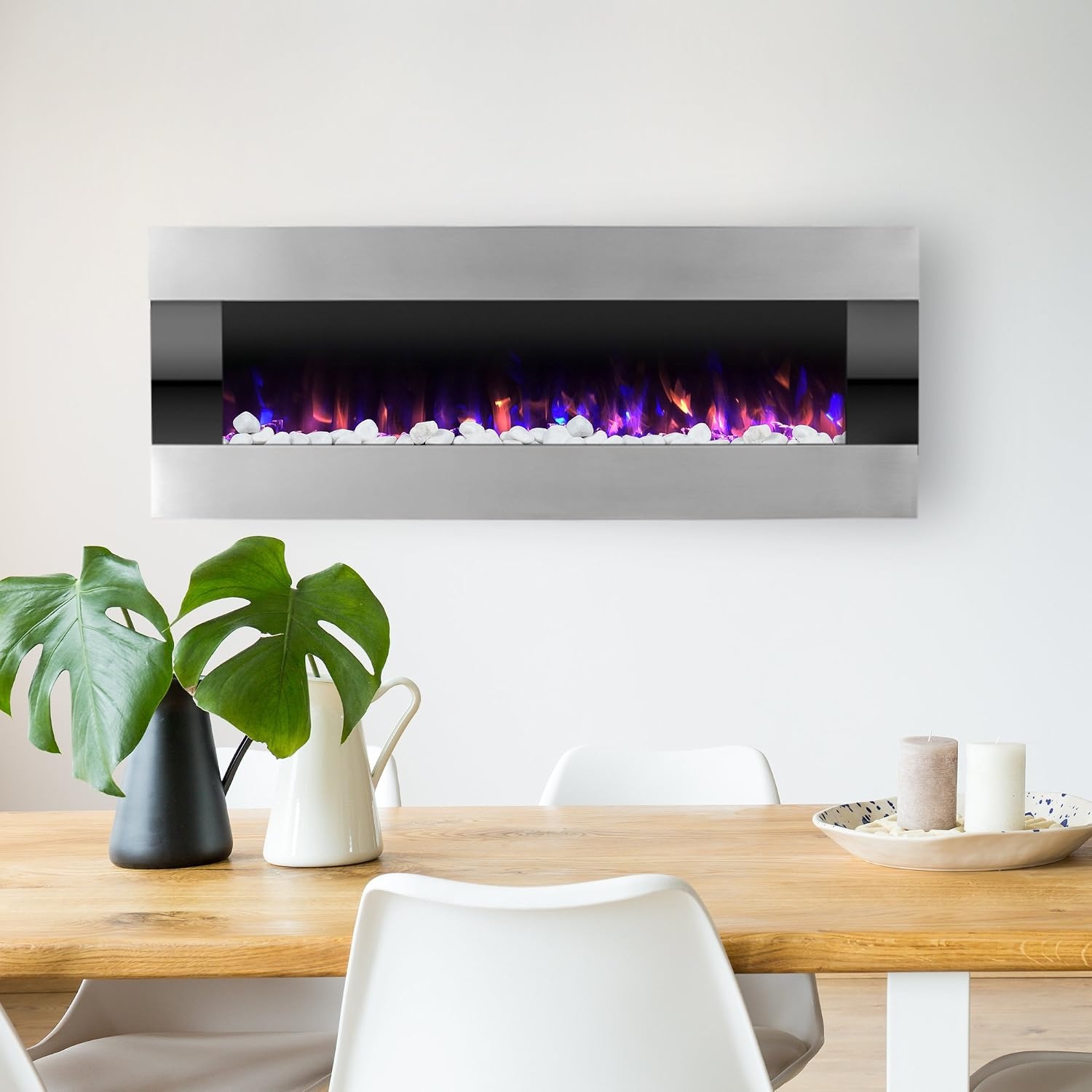 image:imageNorthwest Electric Fireplace 54 Inch Wall Mounted Fireplace Heater with Remote Control Adjustable LED Flame Color Timer and Heat Silver54 Silver Black
