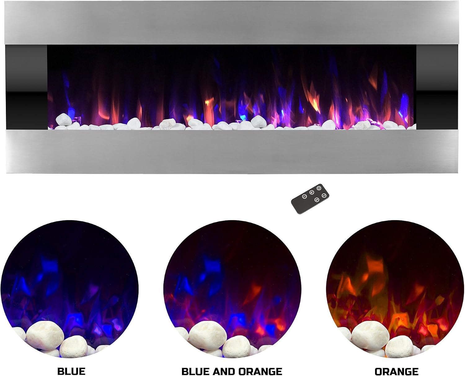 image:imageNorthwest Electric Fireplace 54 Inch Wall Mounted Fireplace Heater with Remote Control Adjustable LED Flame Color Timer and Heat Silver54 Silver Black