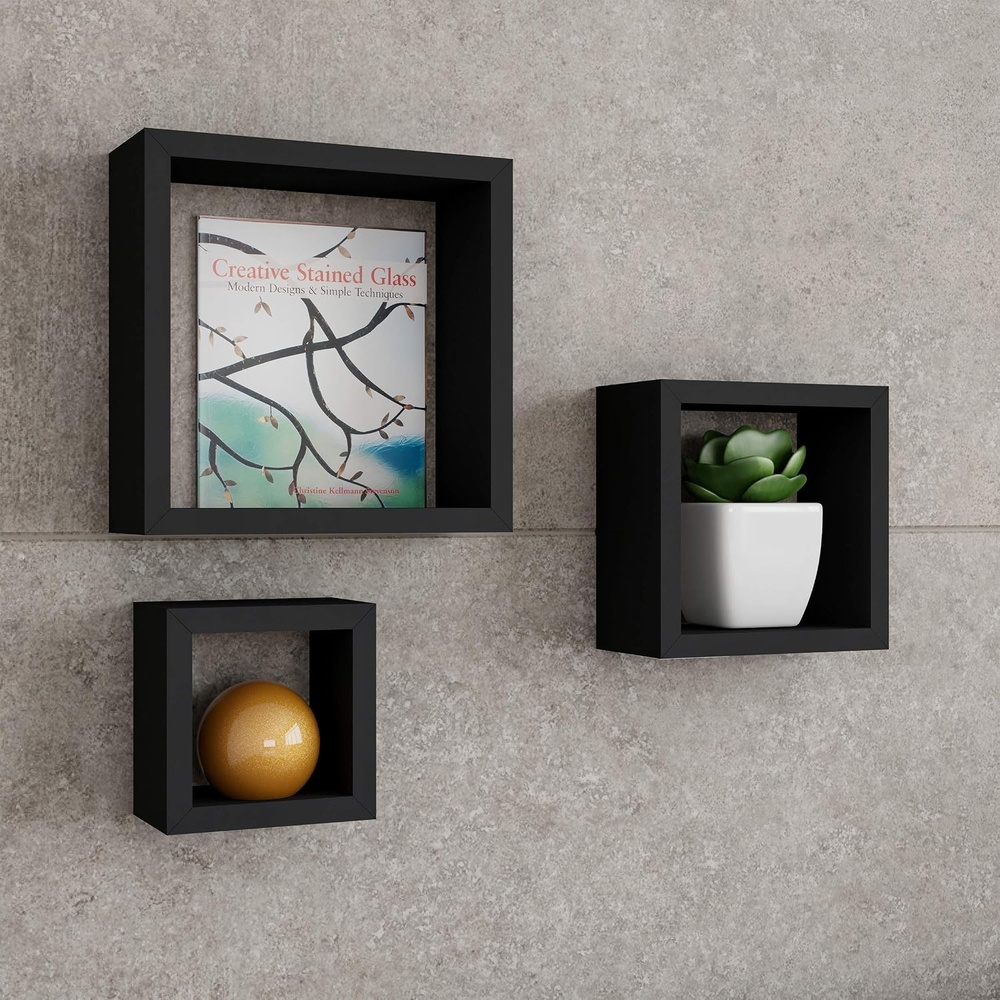 image:imageFloating Shelves Cube Wall Shelf Set with Hidden Brackets 3 Sizes to Display Dcor Books Photos More Hardware Included by Lavish Home Black
