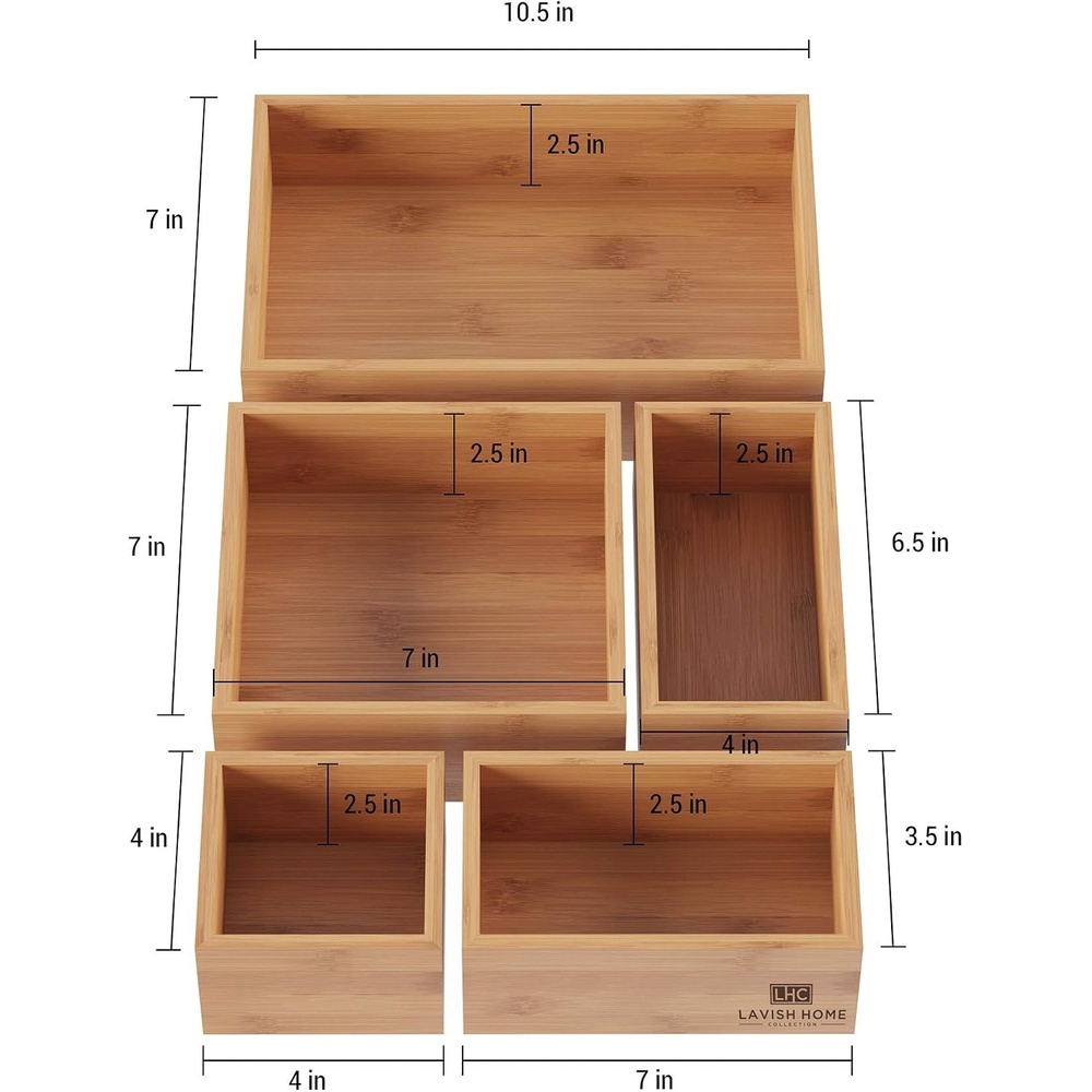 image:imageLavish Home Bamboo Drawer Organizer 5Compartment Modular Box Set Tray Storage for Kitchens Offices Bedrooms and Bathrooms Natural Finish