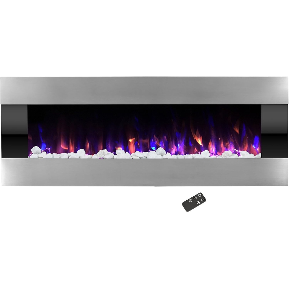 image:imageNorthwest Electric Fireplace 54 Inch Wall Mounted Fireplace Heater with Remote Control Adjustable LED Flame Color Timer and Heat Silver54 Silver Black