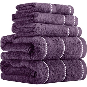 Lavish Home 6 Piece Bathroom Towels Set – 525GSM 100% Cotton Bathroom Essentials – 2 Bath Sheets, 2 Hand Towels, and 2 Wash Cloths for Bath, Shower, Gym, Spa, and Dorm Room (White)(Eggplant/White)