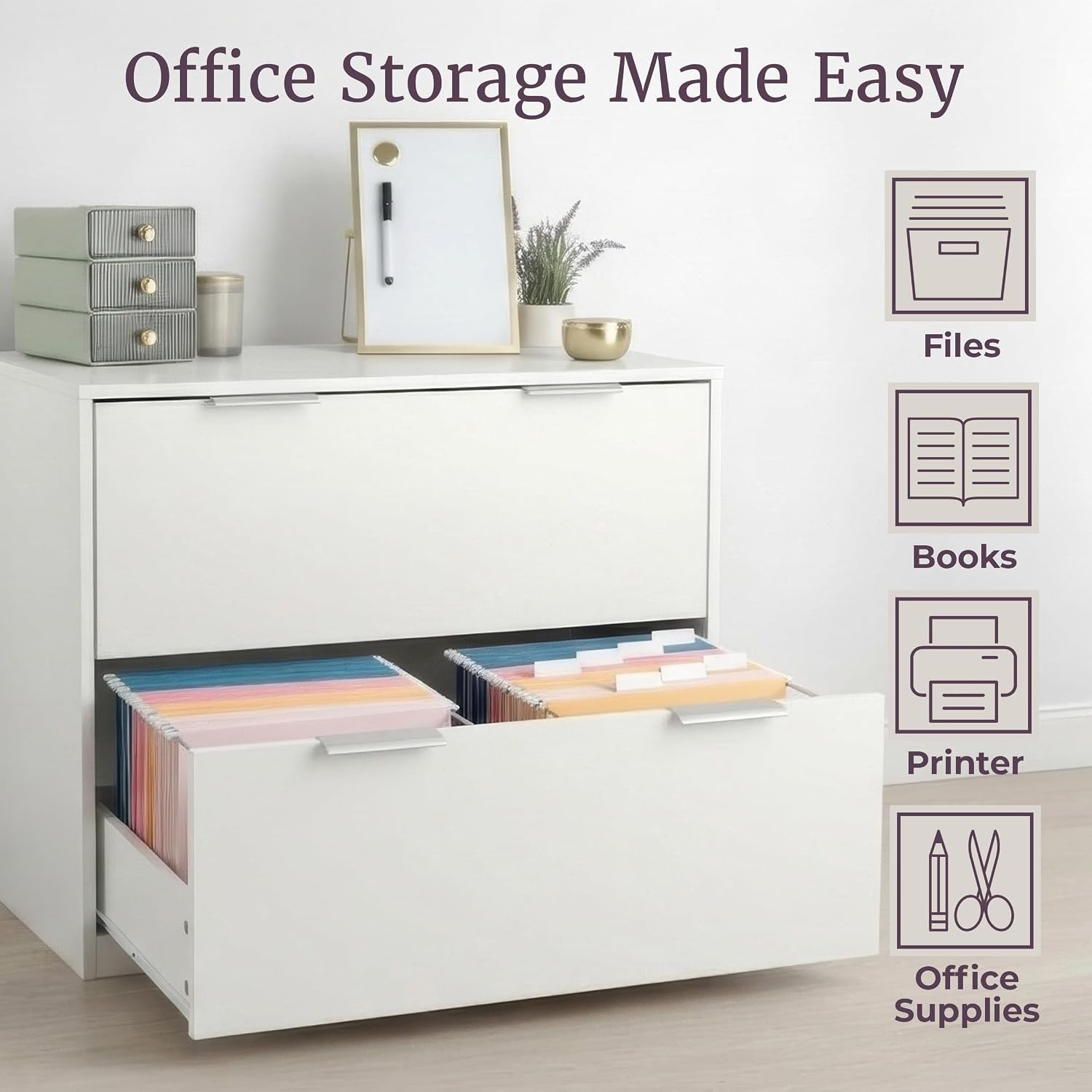 image:image2 Drawer File Cabinet Wooden Lateral Filing Cabinet with 2 Large Storage Drawers and Adjustable Hanging File Bars Printer Stand for Home Office Organization and Storage by Lavish Home White