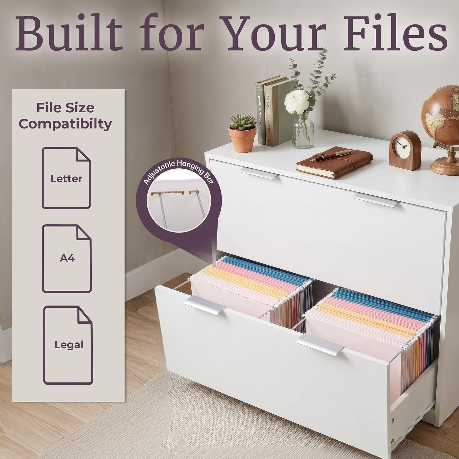 image:image2 Drawer File Cabinet Wooden Lateral Filing Cabinet with 2 Large Storage Drawers and Adjustable Hanging File Bars Printer Stand for Home Office Organization and Storage by Lavish Home White
