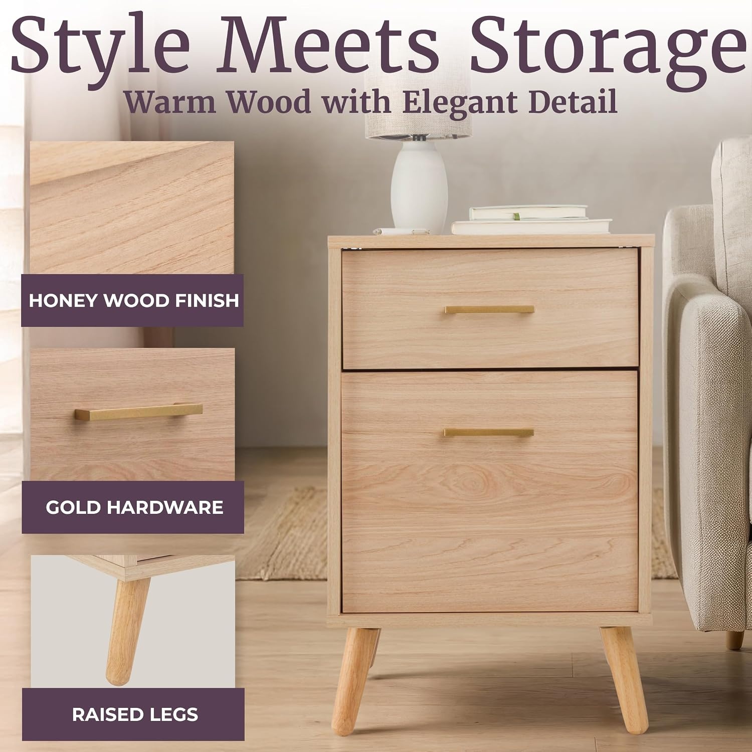 image:image2 Drawer File Cabinet Wooden Small Filing Cabinet with 2 Storage Drawers and Adjustable Hanging File Bar Under Desk Drawers for Home Office Organization and Storage by Lavish Home Natural