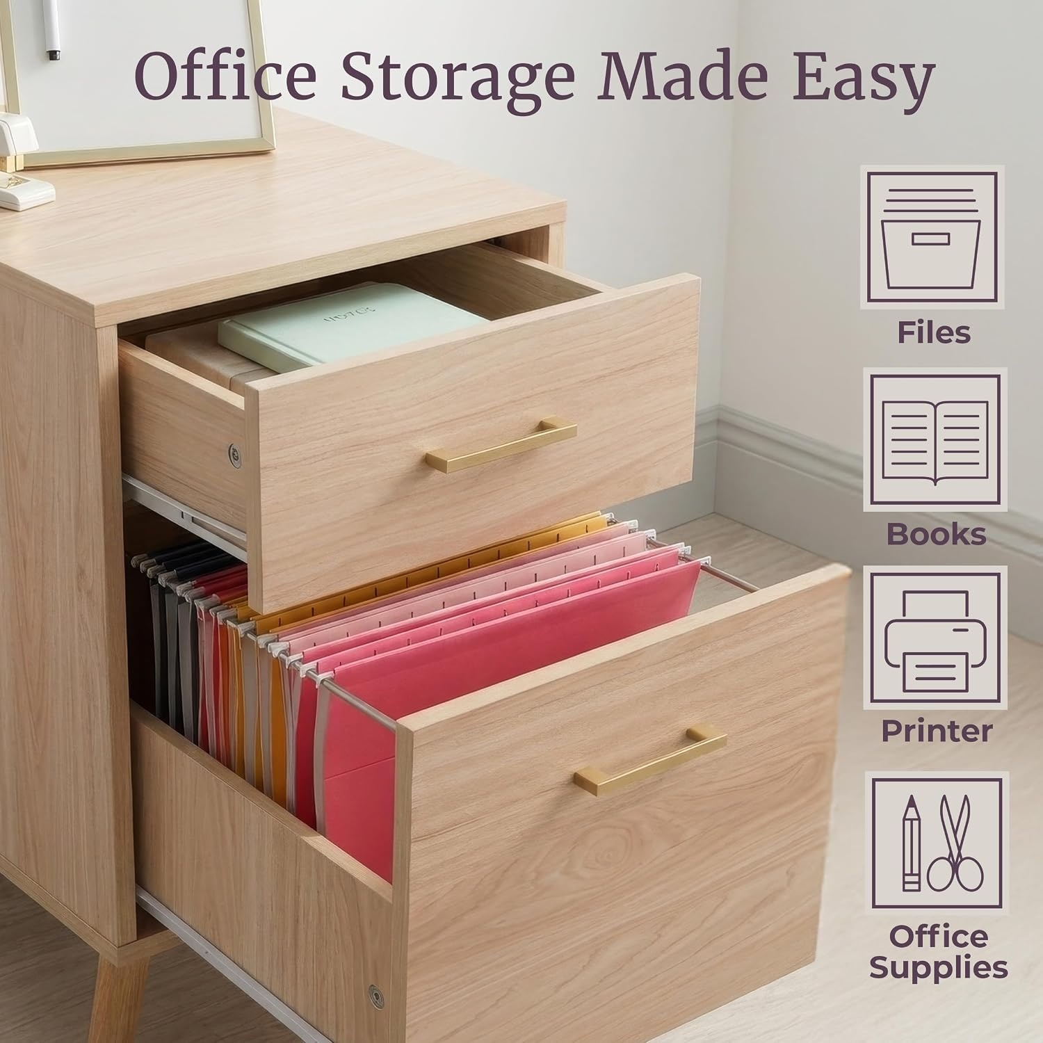 image:image2 Drawer File Cabinet Wooden Small Filing Cabinet with 2 Storage Drawers and Adjustable Hanging File Bar Under Desk Drawers for Home Office Organization and Storage by Lavish Home Natural