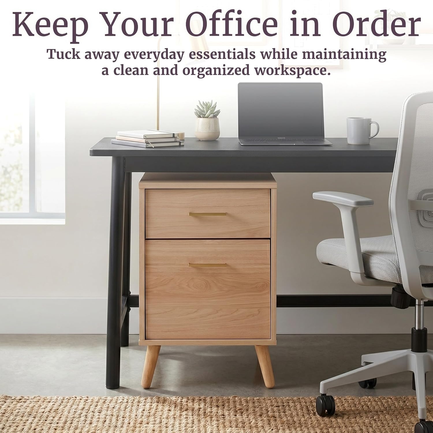 image:image2 Drawer File Cabinet Wooden Small Filing Cabinet with 2 Storage Drawers and Adjustable Hanging File Bar Under Desk Drawers for Home Office Organization and Storage by Lavish Home Natural